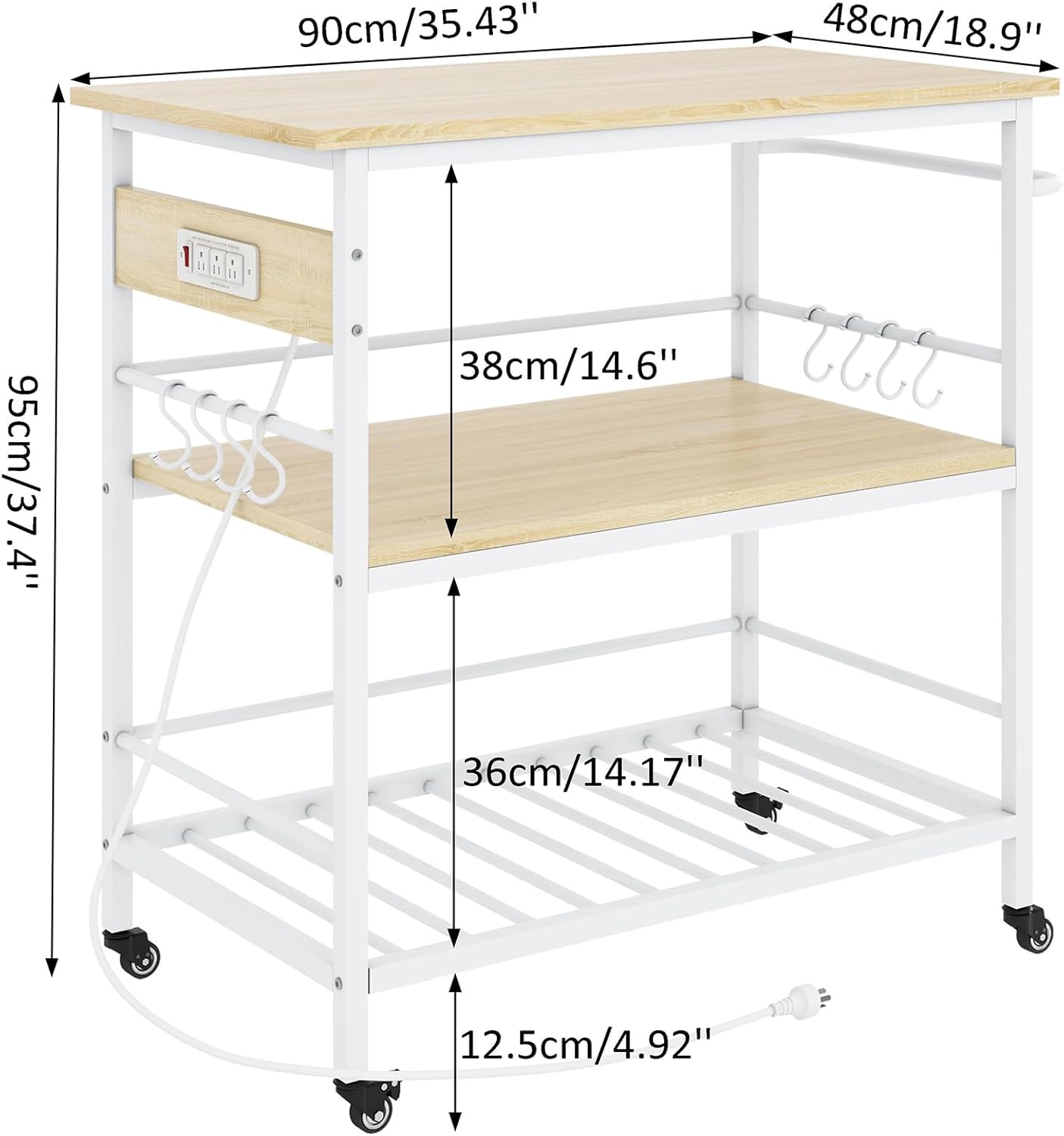 IBUYKE Kitchen Island with 3 Shelves, Island Table for Kitchen with Power Outlet,Kitchen Cart with Large Worktop,Rolling Bar Cart for Home, Outdoor, Kitchen TMJ024R