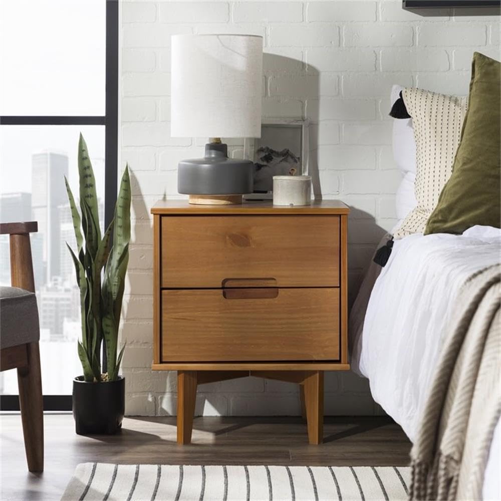 Walker Edison Mid Century Modern Grooved Handle Wood Nightstand Side Table Bedroom Storage Drawer and Shelf Bedside End Table, 2 Drawer, Caramel