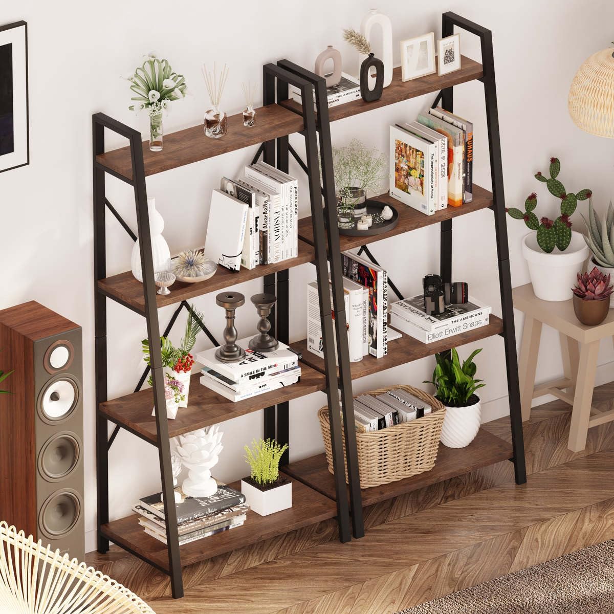 BON AUGURE Industrial Ladder Shelf Bookcase, 4 Tier Rustic Ladder Bookshelf, Standing Leaning Book Shelves for Living Room (Rustic Oak)