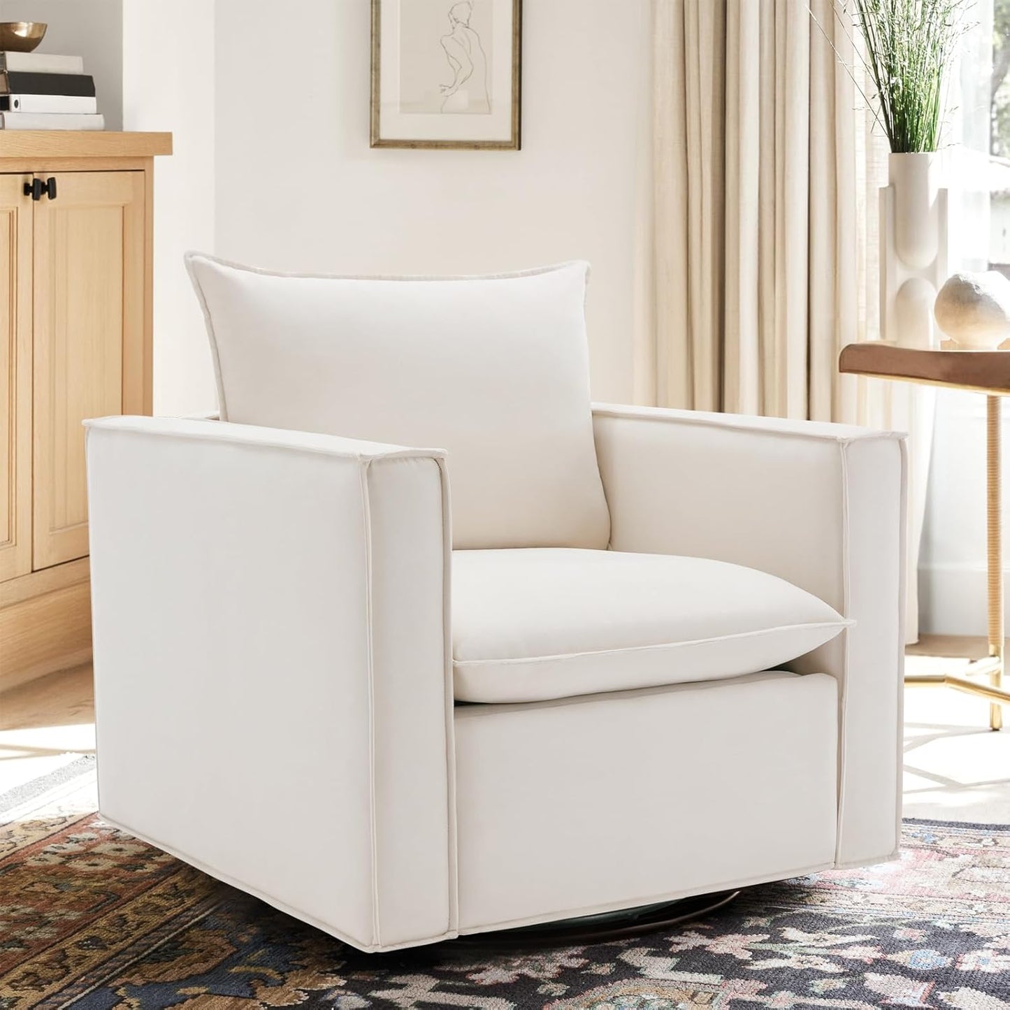 Swivel Accent Chair Set of 2,34'' Wide Upholstered Arm Chair with Plump Back Pillow, Modern Sofa Living Room Chair for Bedroom, Corner, Reading Nook-Classic Beige