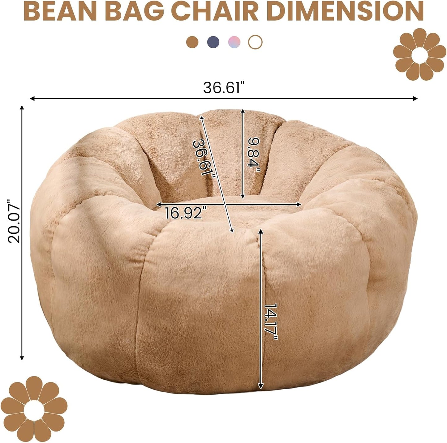 Bean Bag Chair with Filler Included, Faux Fur Comfy Chair with Petal Arm Rest Fluffy Reading Chair for Bedroom, Living Room, Dorm, Game - Taupe, Large, Low Support