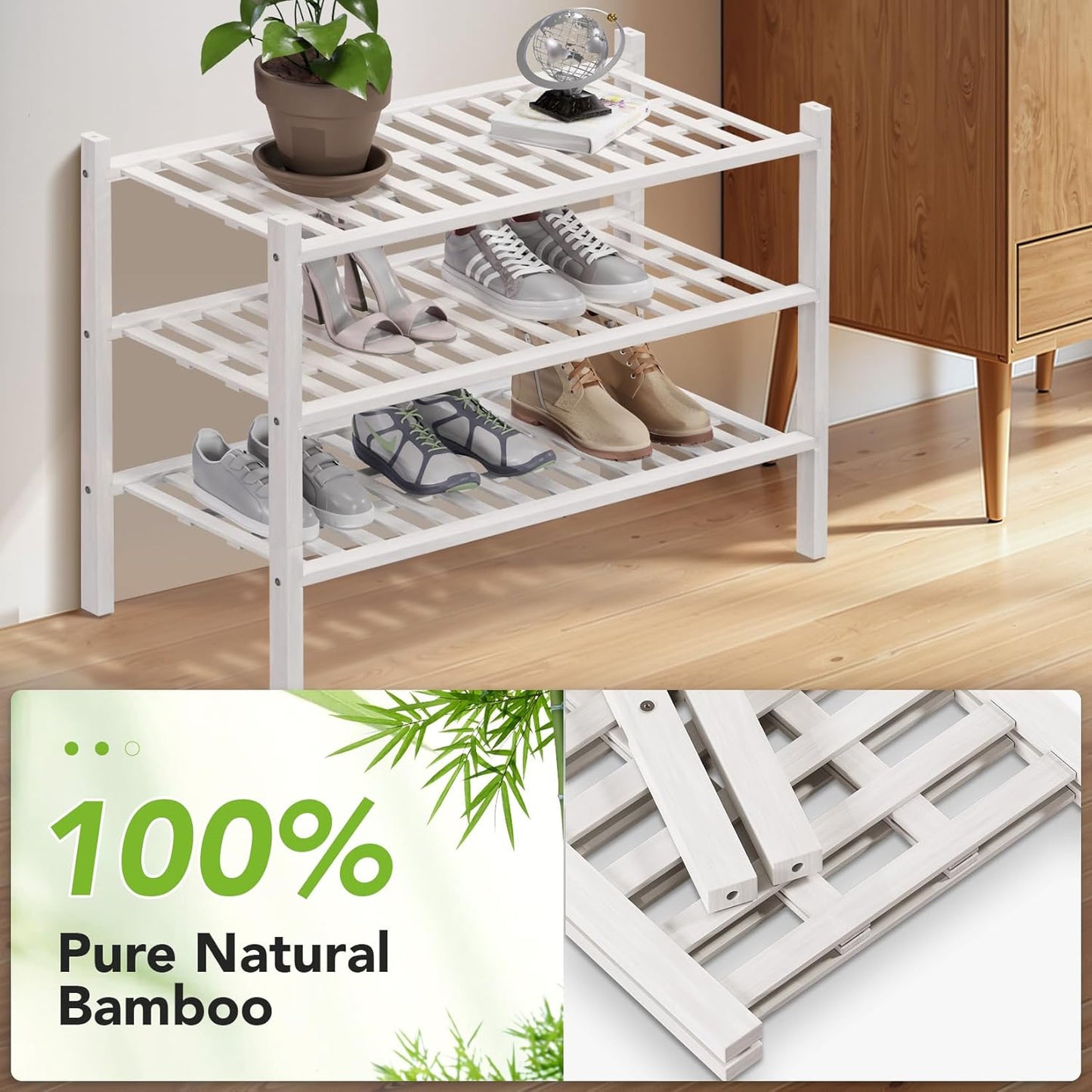 Haddockway 3 Tier Bamboo Shoe Rack Storage Organizer, Multifunctional Free Standing Stackable Shoe Shelf with Grid Panel for Closet,Hallway,Entryway,Small Space 27"x11"x20" (White, 3 Tier)