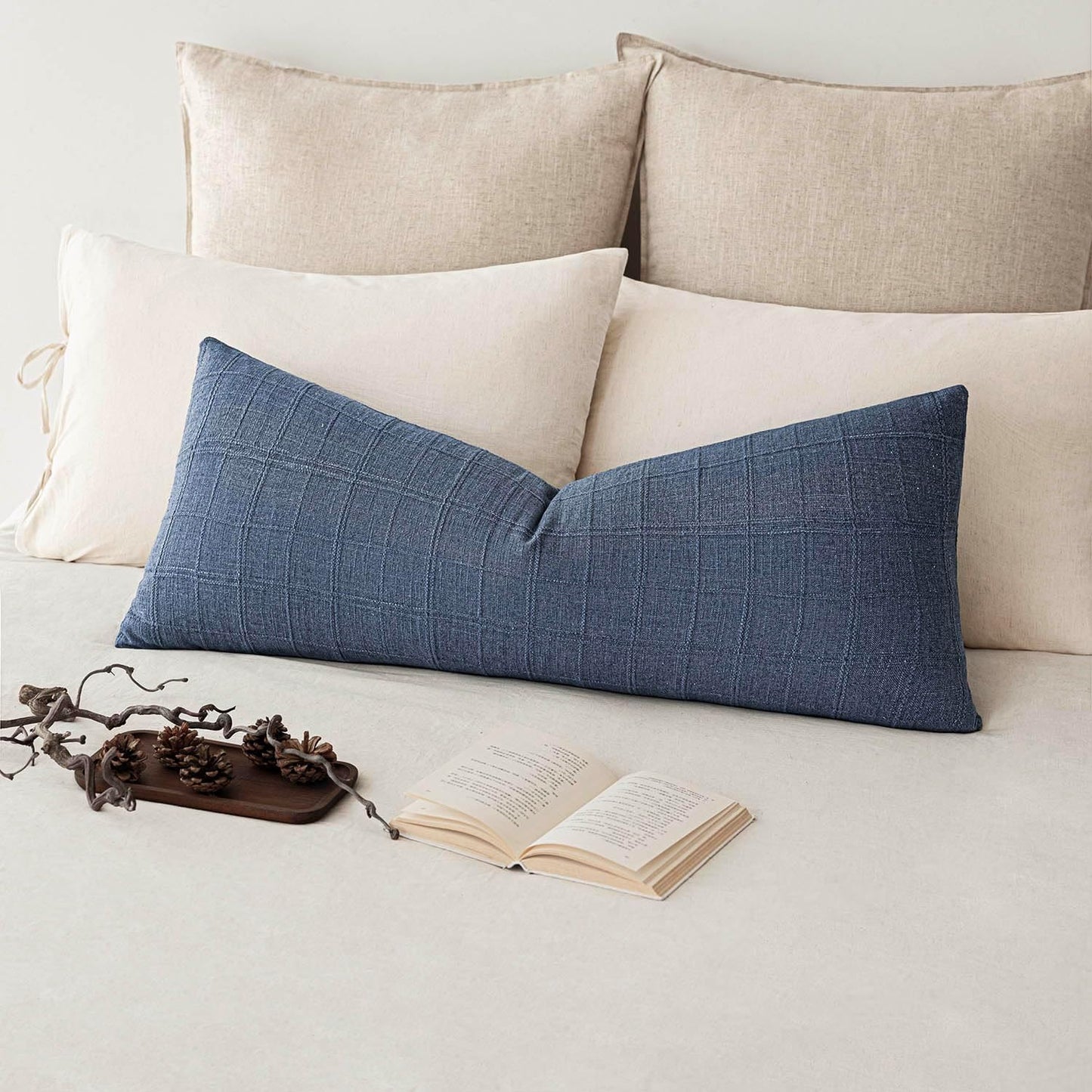 Foindtower Set of 2 Decorative Linen Check Throw Pillow Covers Neutral Long Body Lumbar Cushion Covers Farmhouse Vintage Home Decor for Sofa Chair Couch Bedroom Living Room Outdoor,14×36 Inch,Blue