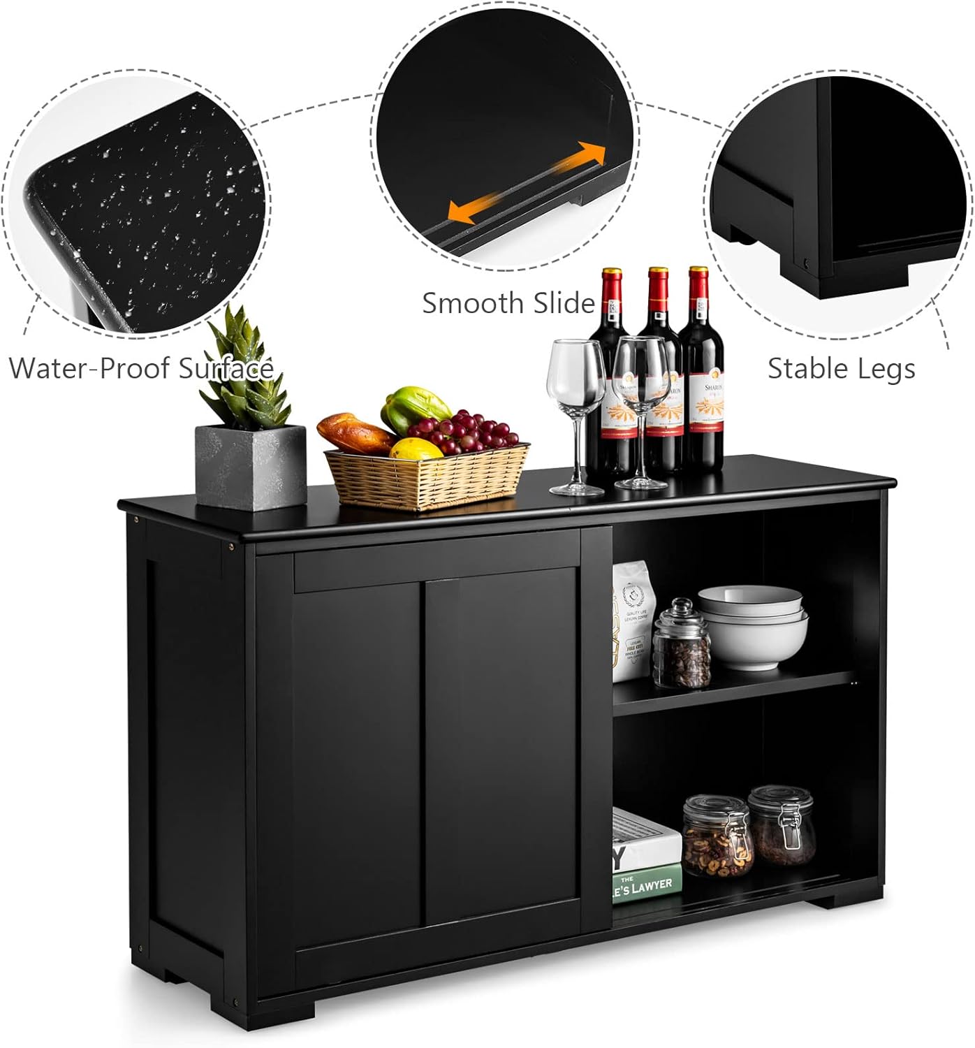 Costzon Sideboard Buffet Cabinet, Wooden Kitchen Storage Cabinet with Adjustable Shelf, Sliding Barn Door, Accent Coffee Bar Cabinet Console Table for Living Room, Dining Room, Hallway (Black)