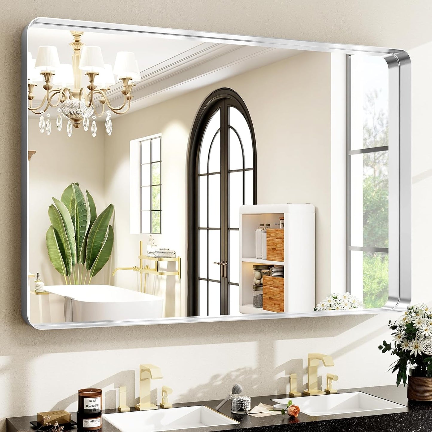 Silver Bathroom Mirror for Wall, 40x30 Inch Rectangular Aluminum Alloy Framed Mirror, Modern Wall Mounted Vanity Mirror for Bathroom, Vertical or Horizontal