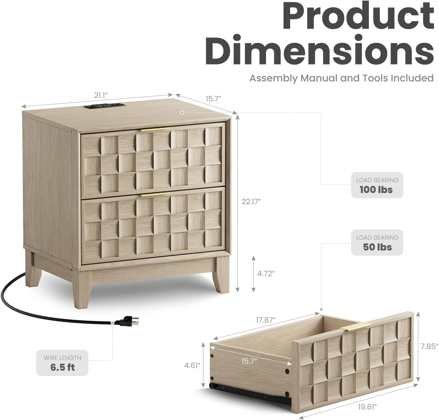 COLAMY Nightstand with Charging Station, 22" Modern Bed Side Table with 2 Storage Drawers and Chessboard Relieffor Bedroom, Dorm and Small Spaces - Oak