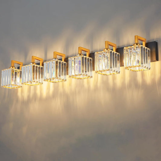 Modern Bathroom Vanity Light 6-Lights Black Gold Crystal Wall Lamp Bathroom Modern Crystal Vanity Lighting