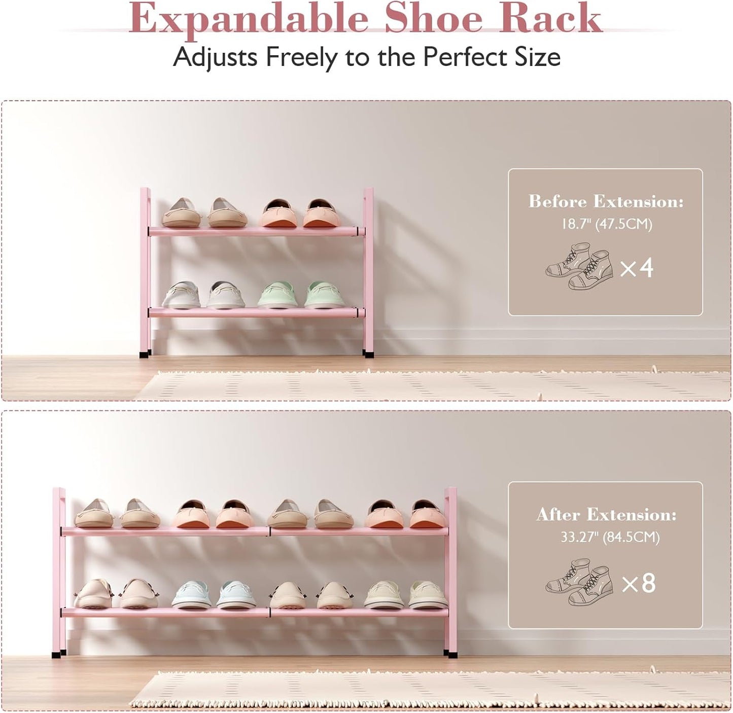 Bumusty 2-Tier Expandable Shoe Rack for Closet, 18“-33” Adjustable Shoe Rack for Small Space, Small Shoe Organizer for Front Door, Sturdy Metal, Pink