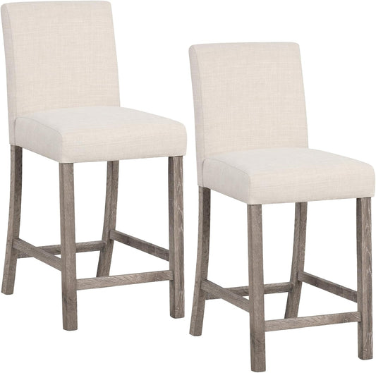 COSTWAY Upholstered Counter Height Stools Set of 2, Bar Stools w/Ergonomic Backrest, Solid Wood Frame, 24.5” Fabric Counter Height Chairs for Kitchen Island, Dining Room, Pub (Beige)