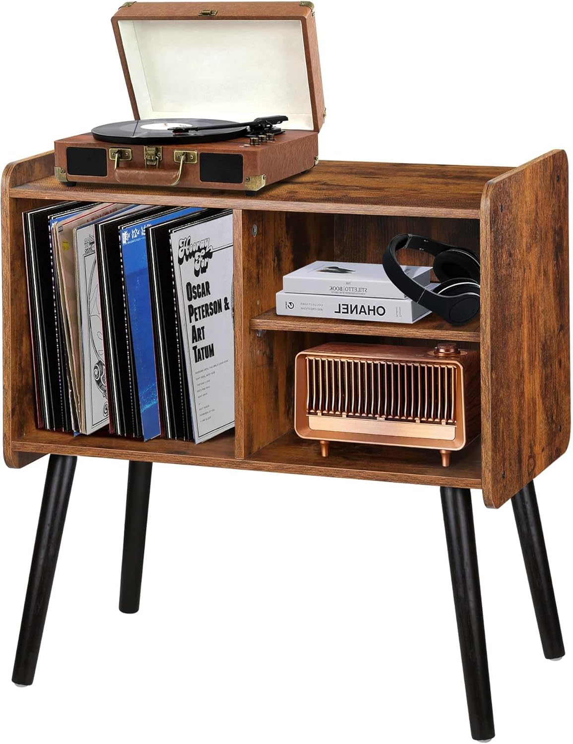 Record Player Stand with Vinyl Record Storage, Mid-Century Turntable Stand for Living Room Bedroom Office, Record Player Table, Vinyl Holder Holds up to 100 Albums, Rustic Brown