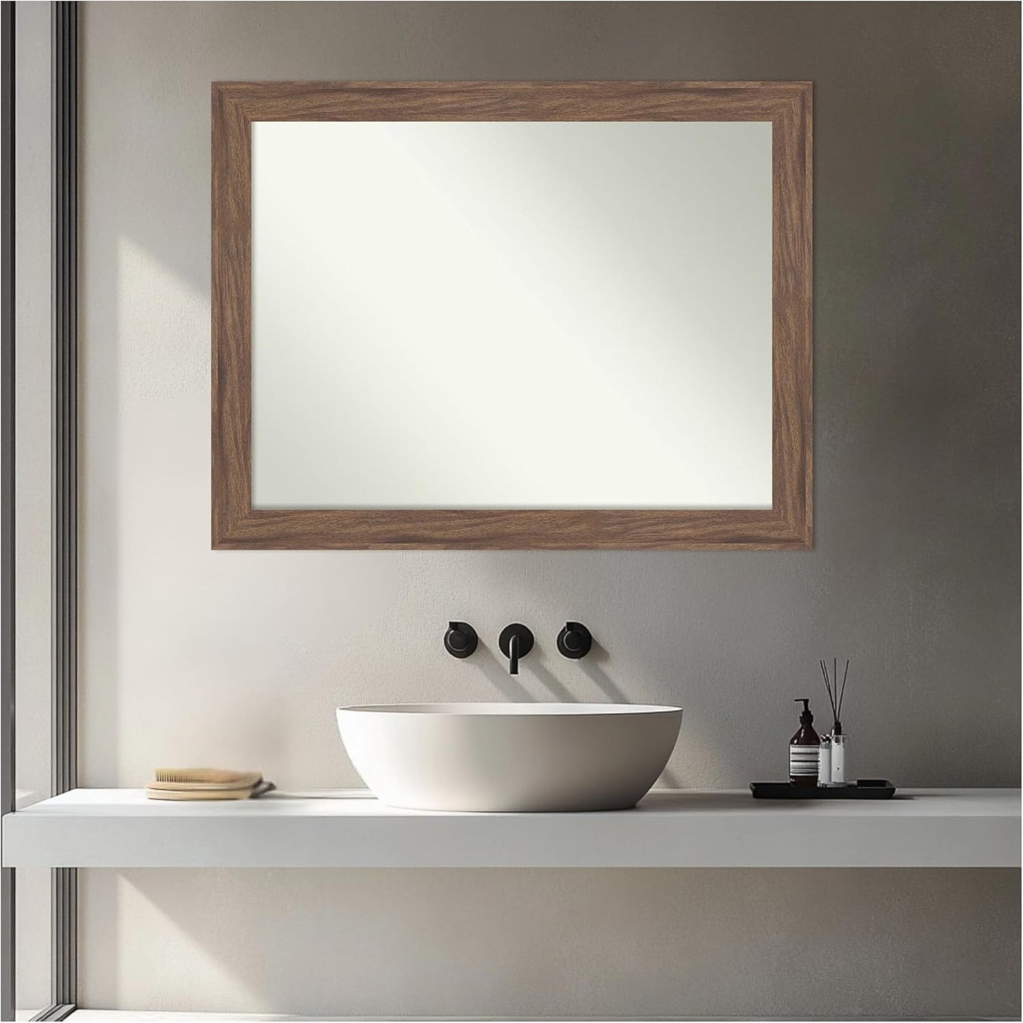Amanti Art Brown Bathroom Mirror for Over Sink, 27x21 Pia Medium Brown Narrow Rectangle Vanity Mirror, Medium Casual Frame, Hangs Horizonally and Vertically, Bathroom Wall Decor, Non-Beveled Edge