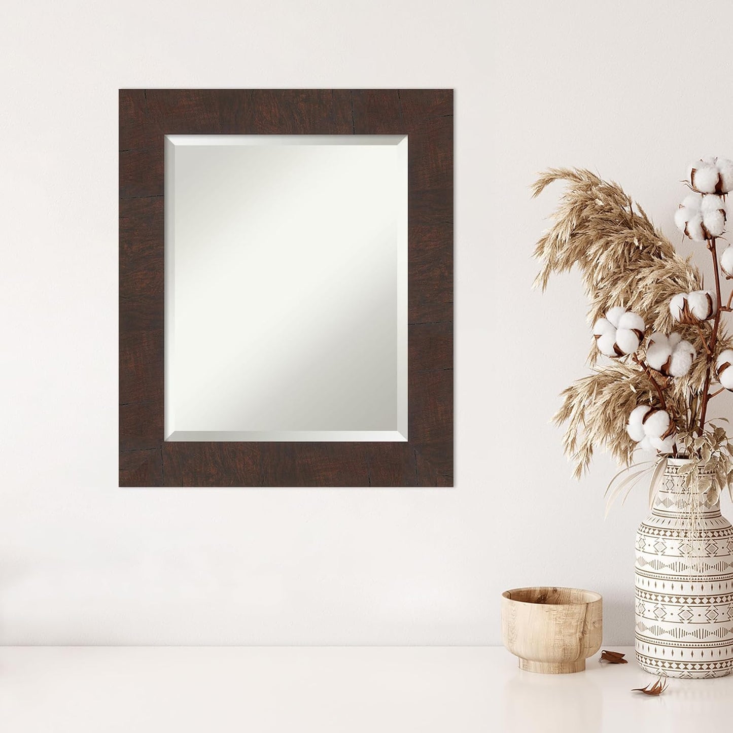 Amanti Art Brown Wall Mirror 25x21 Wildwood Brown Rectangle Bathroom Mirror for Wall Decor Living Room, Small Rustic Farmhouse Frame, Hangs Horizonally and Vertically, Bathroom Decor, Beveled Edge