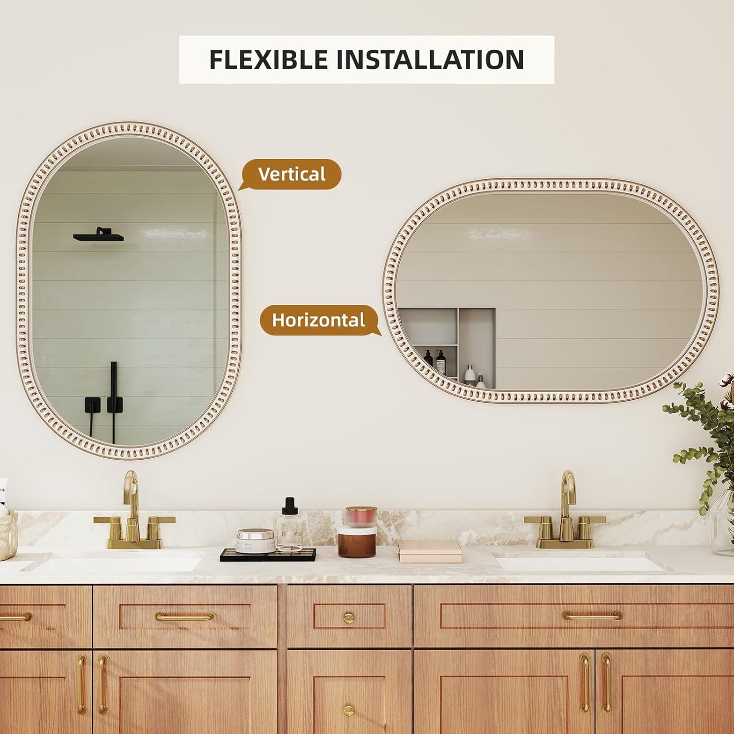 Wooden Oval Wall Mirror with Beads, 24x36 Inches Rustic Farmhouse Decorative Mirror for Entryway, Fireplace, Living Room, Hallway, Bathroom