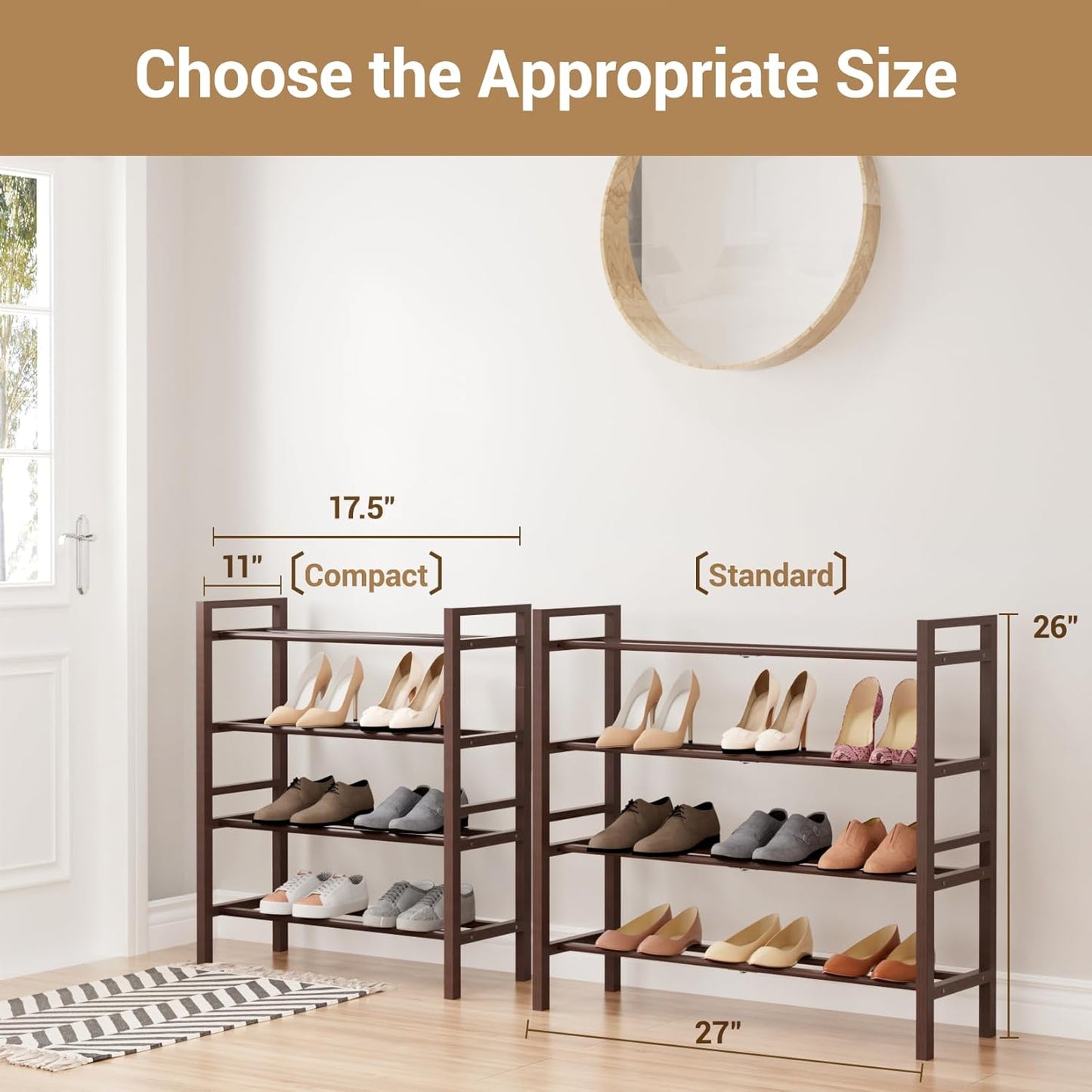 Haddockway Bamboo Shoe Rack for Closet, Free Standing Shoe Organizer with Smooth Round Rods & Convenient Handles, Stackable Shoe Storage Shelf for Entryway, Hallway(Brown, 4-Tier)