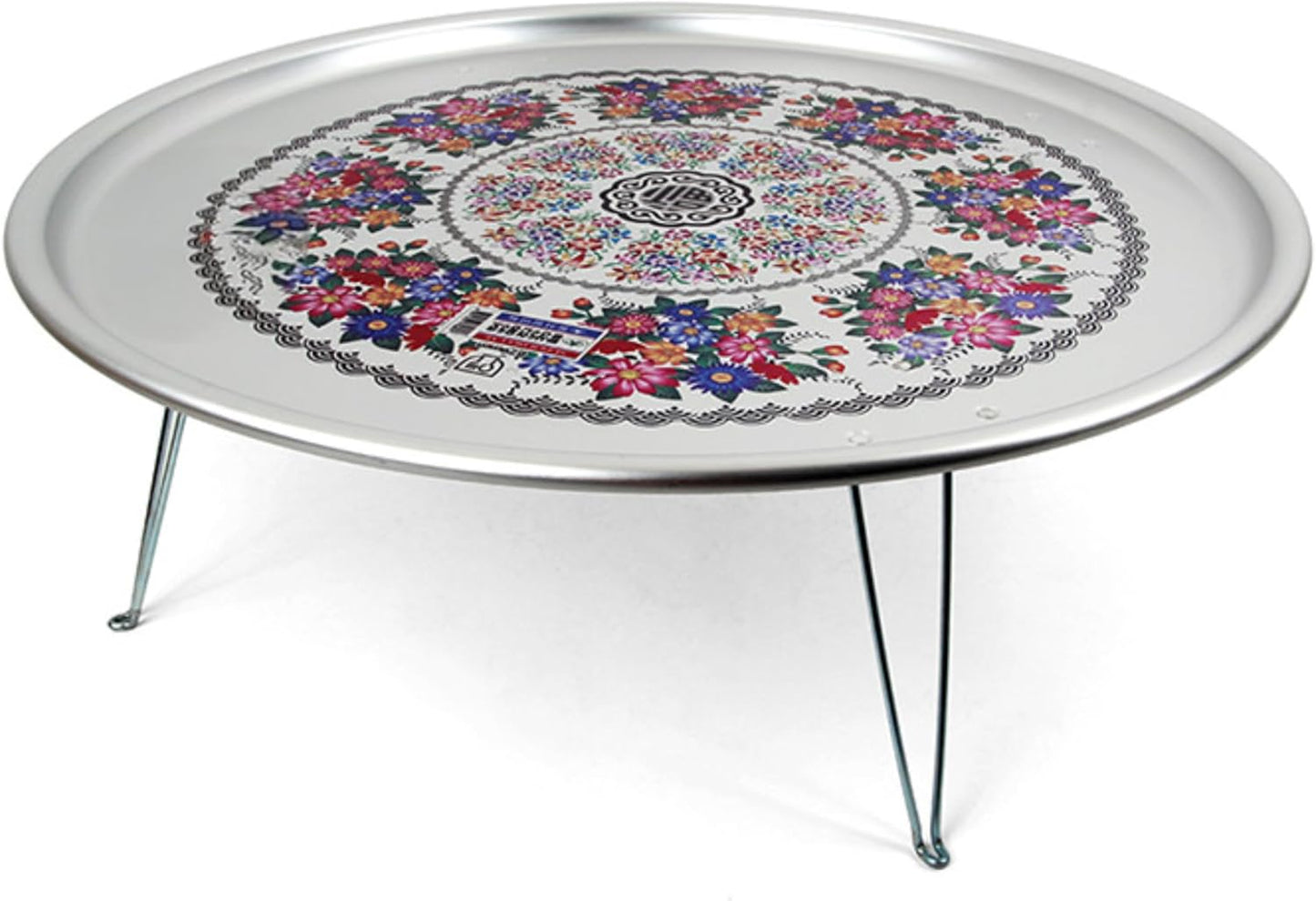 Korean Traditional Folding Snack Table – Retro Aluminum “Yang-eun Bapsang” with Flower Pattern (42.5cm)