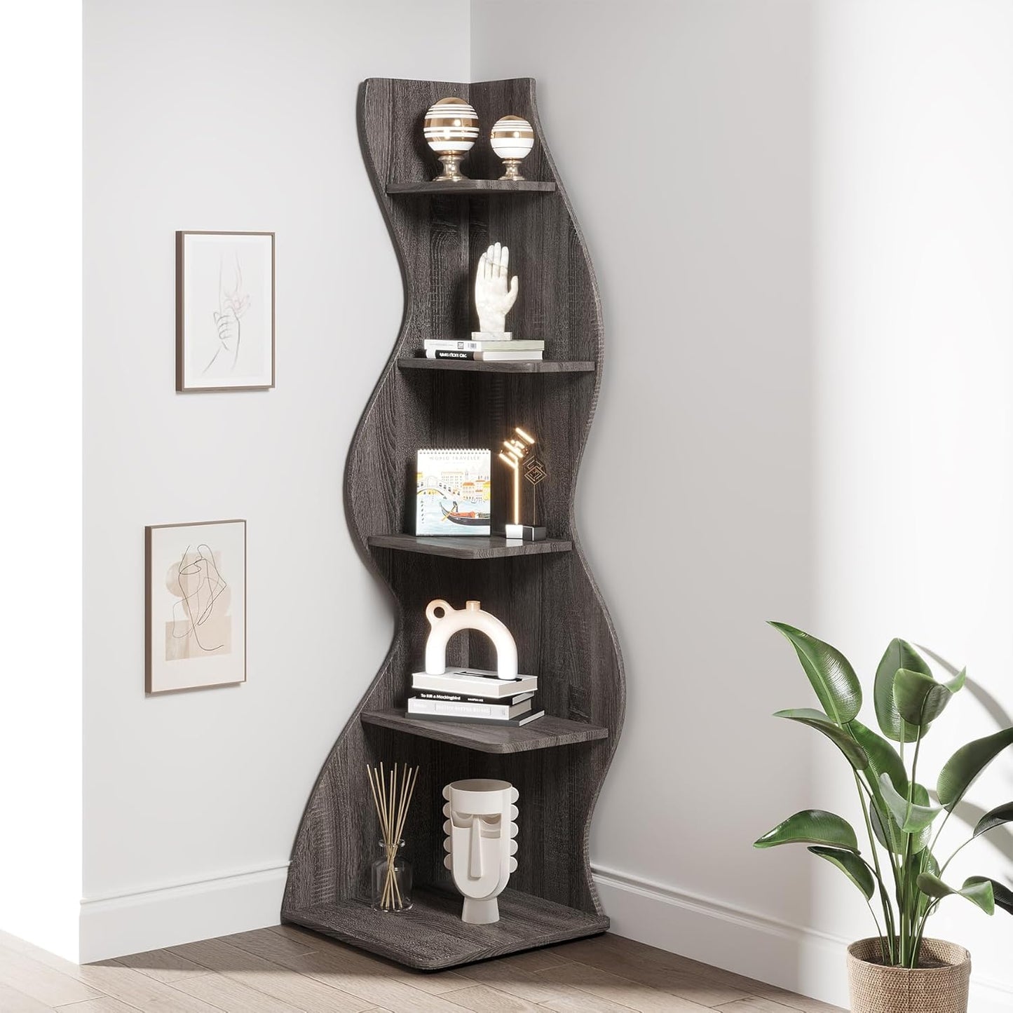Tribesigns Corner Shelf, Modern 5-Tier Wall Corner Bookshelf, Stylish Corner Small Bookcase Storage Rack Plant Stand with Unique Shape for Living Room, Home Office, (1PC, Gray)