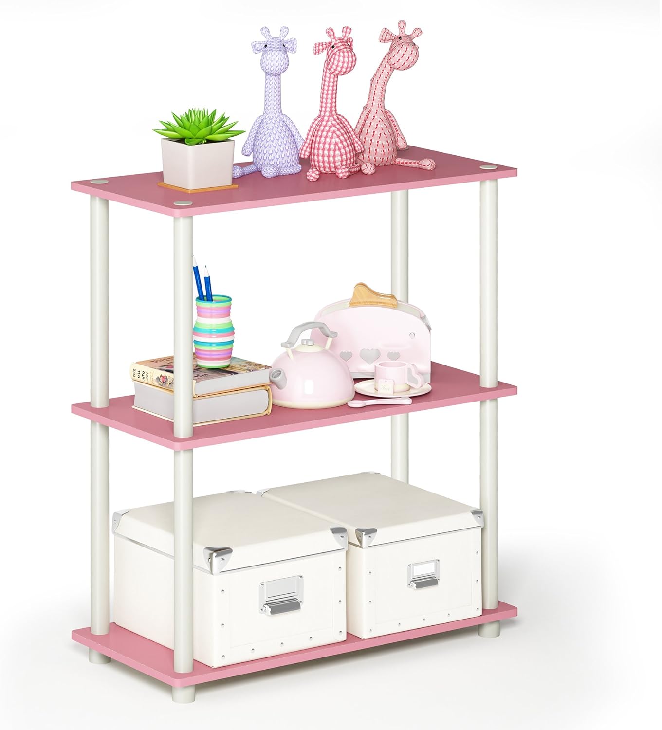Furinno Turn-N-Tube 3-Tier Compact Multipurpose Shelf Display Rack, Pink/White