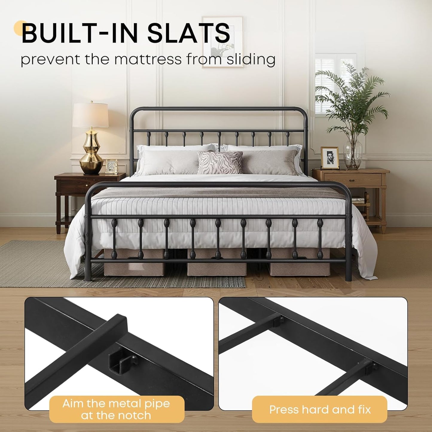 Full Size Bed Frame-Classic Metal Platform Bed Frame Mattress Foundation with Victorian Style Iron-Art Headboard/Footboard/Storage Space/No Box Spring Needed/Black