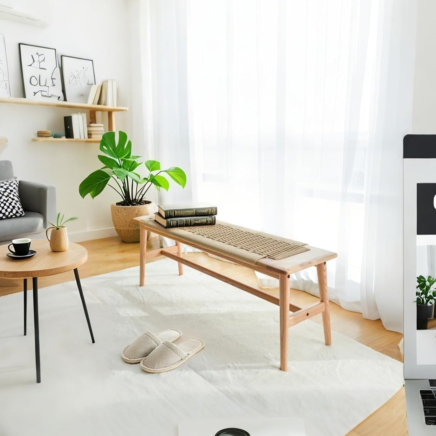 Solid Wood Entryway Bench, Wooden Dining Bench Stool w/Hand-Woven Top, End of Bed Benches for Bedroom Kitchen Dining Living Room & Entry Décor (Natural, 31.49" L)