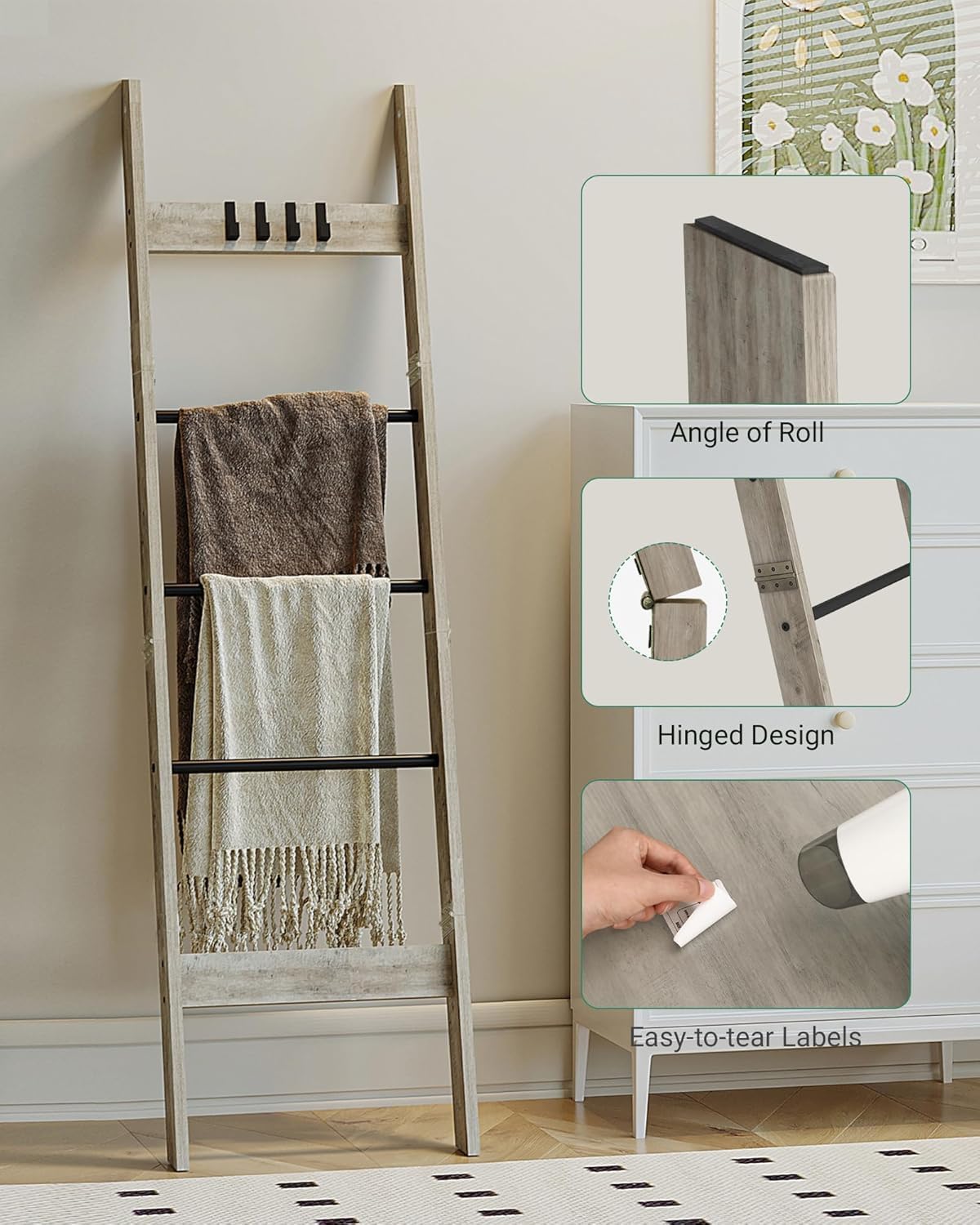 Blanket Ladder for Living Room, Decorative Quilt Rack with 4 Removable Hooks, 5-Tier Farmhouse Ladder Holder Shelf Organizer for Bedroom, Greige and Black BR02105B