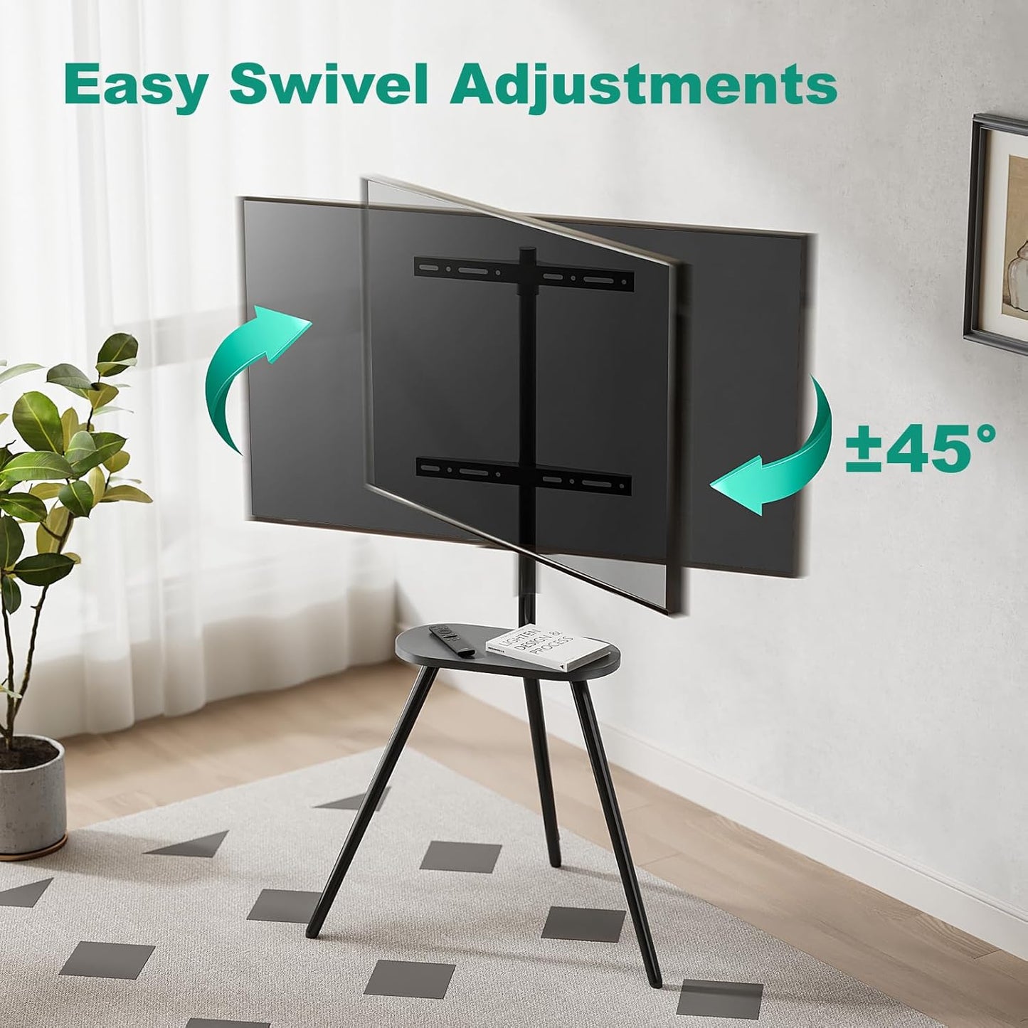 Tripod Easel TV Stand for 43 to 65 Inch LCD Led Screen, Height Adjustable and Swievel TV Stand, Portable TV Floor Stand with Wooden Tray for Bedroom, Living Room, Studio, Metal Black