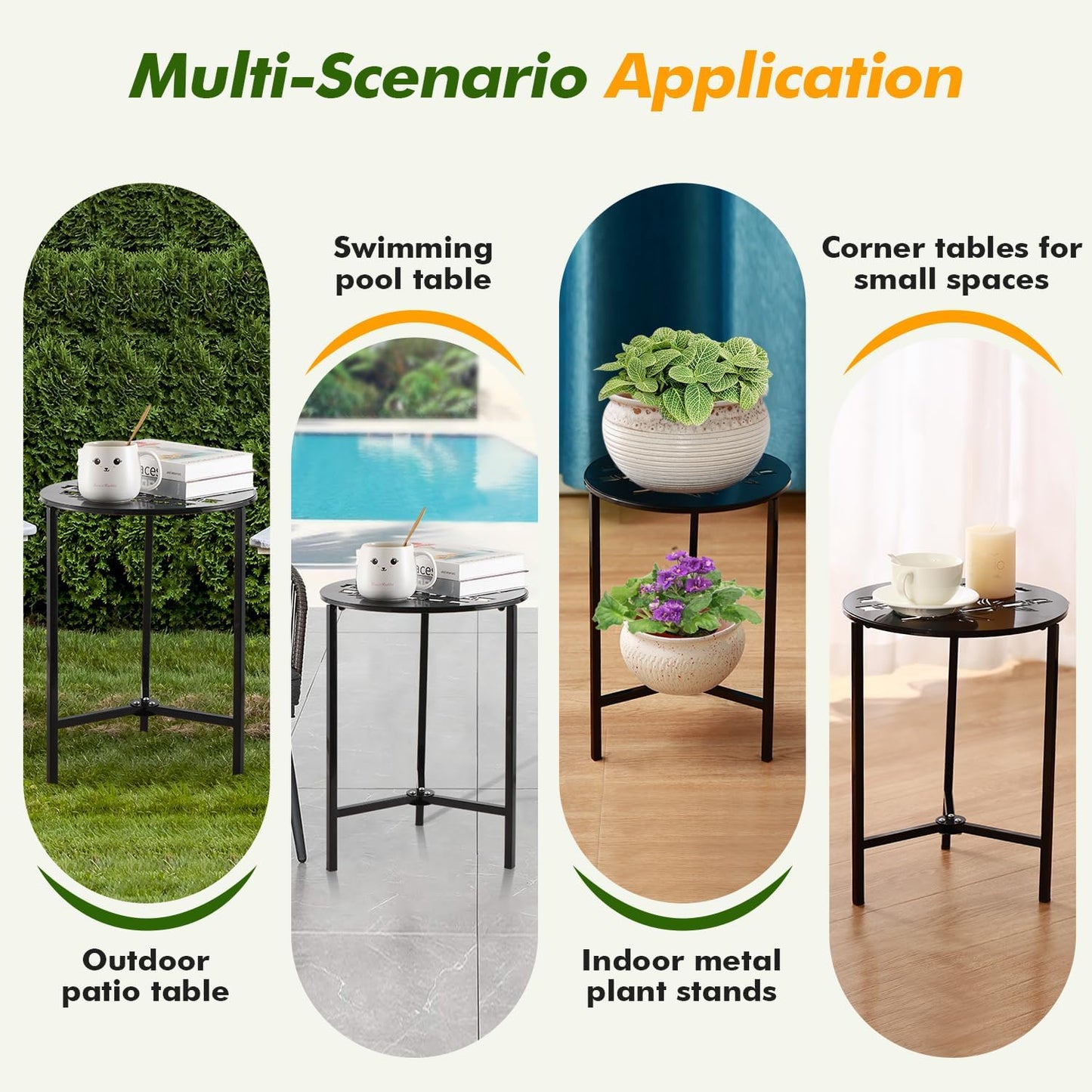 2 Packs 13" Metal Outdoor Side Tables Small Black Outside End Table for Patio Round Accent Corner Stand for Small Spaces Weather-Resistant Coffee Table for Balcony Porch Plant Stand, Bamboo Leaf