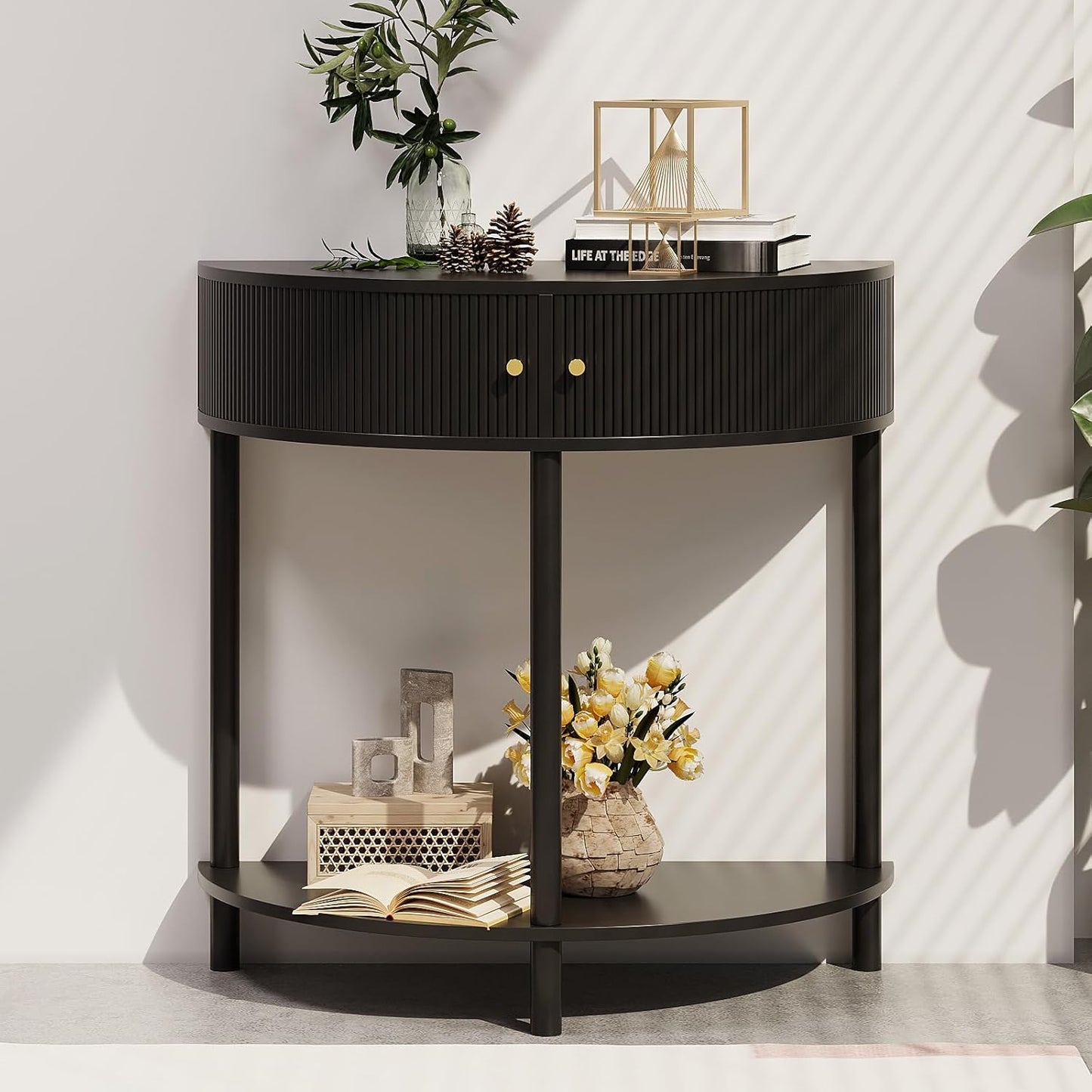 Fluted Half Moon Console Table 2 Tier Narrow Entryway Table with Storage for Small Space Modern Wood Sofa Table with Doors and Gold Knobs Boho Home Decor