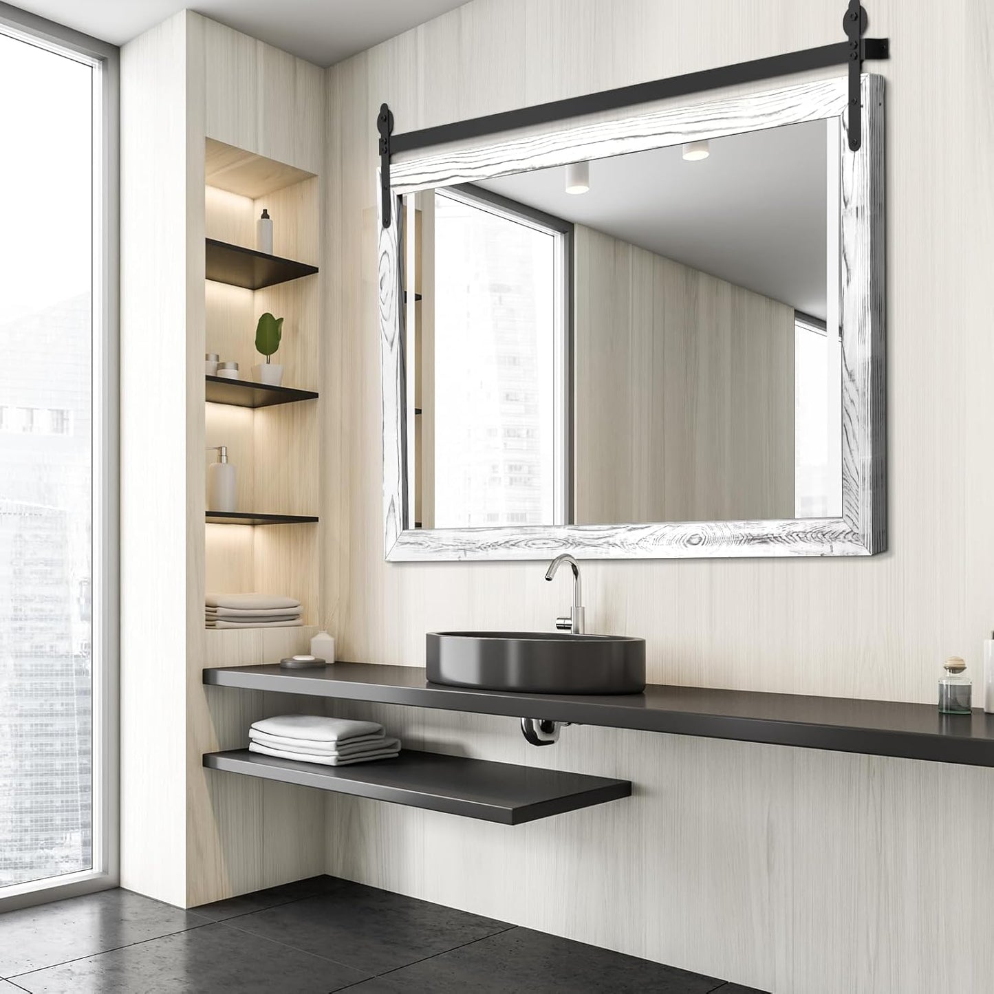 YOSHOOT Farmhouse Barn Door Mirror, 40"x26" Rustic Wood Framed Wall Mirror, Wall Mounted Vintage Mirror, Wooden Farmhouse Style for Bathroom Living Room Entryway, White, Horizontal Hanging ONLY