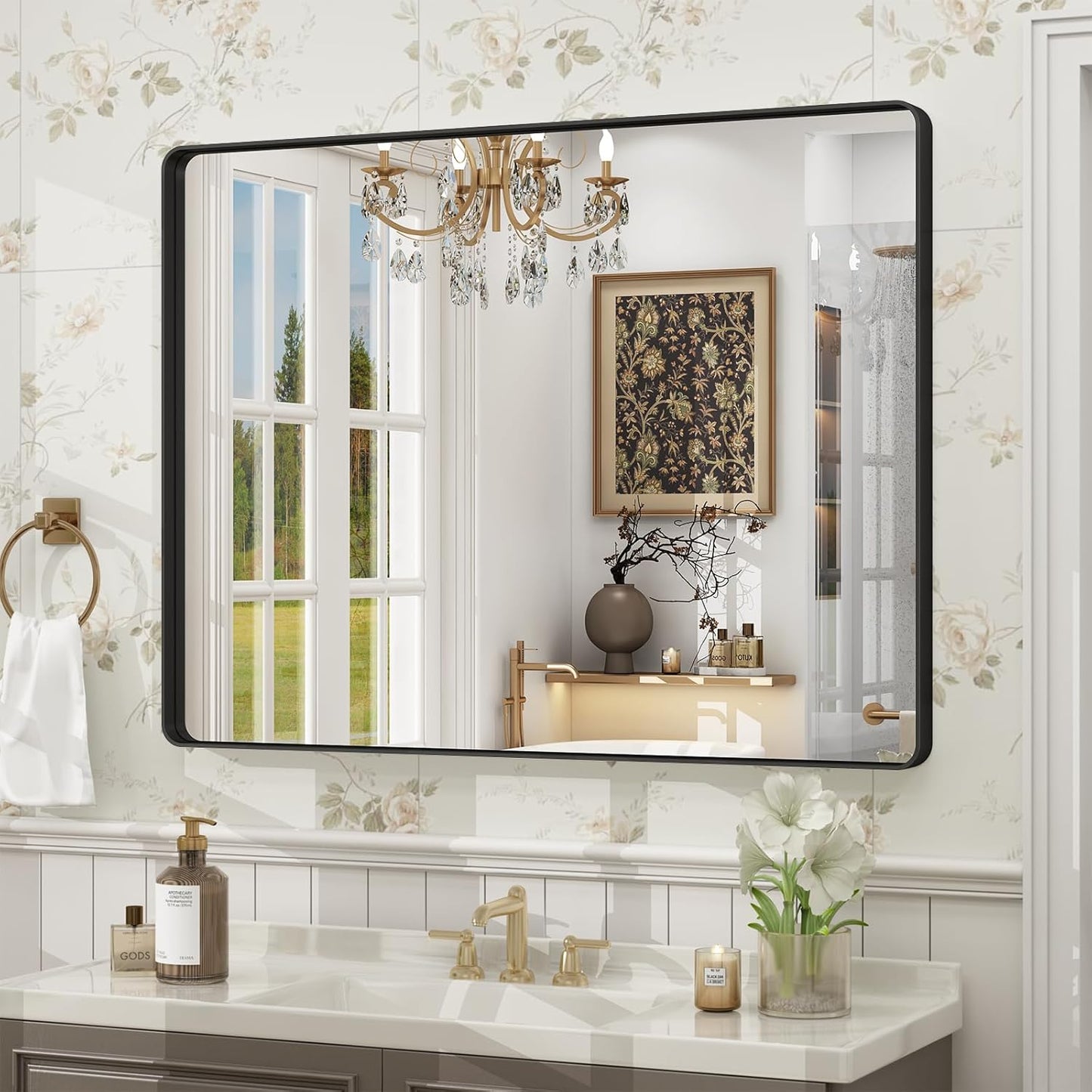 40x30 Inch Black Framed Bathroom Mirror for Wall, Matte Metal Framed Wall Mirror, Rounded Rectangle Bathroom Vanity Mirror, Tempered Glass, Anti-Rust, Shatterproof (Horizontal/Vertical)