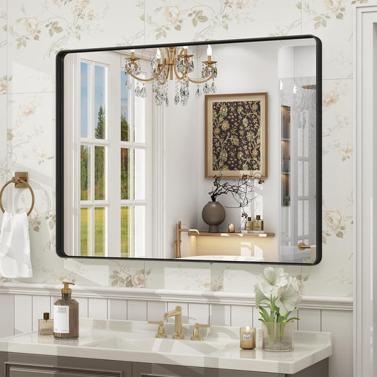 40x30 Inch Black Framed Bathroom Mirror for Wall, Matte Metal Framed Wall Mirror, Rounded Rectangle Bathroom Vanity Mirror, Tempered Glass, Anti-Rust, Shatterproof (Horizontal/Vertical)