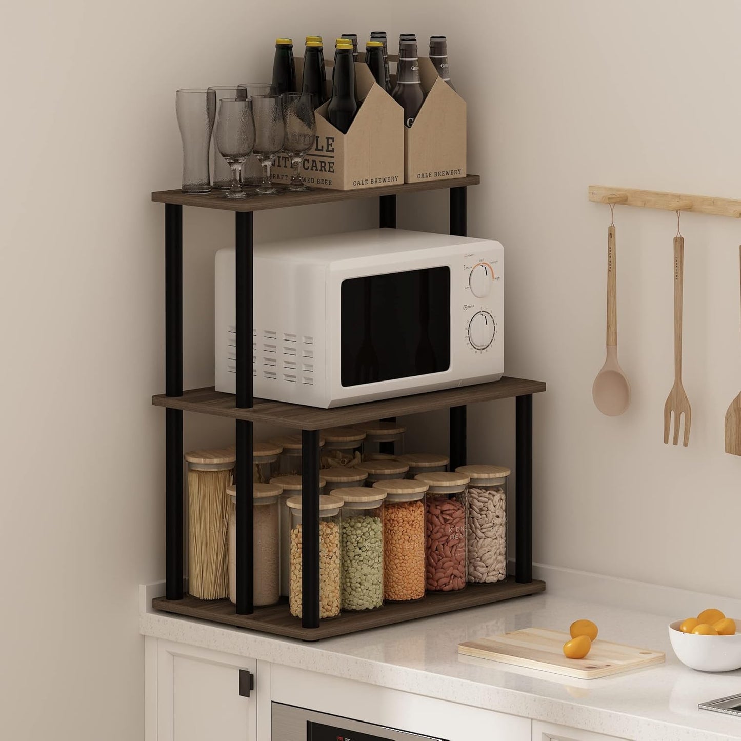 Furinno Turn-N-Tube 3-Tier Toolless Kitchen Storage Shelf, Columbia Walnut/Black