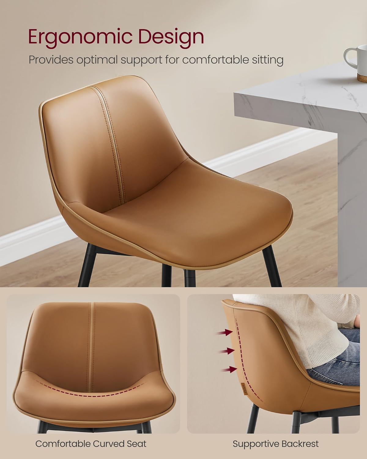 VASAGLE Bar Stools Set of 2, Counter Height Bar Stools with Back, Ergonomic Backrest, Synthetic Leather, Metal Legs, 24.4-Inch Tall Barstools for Kitchen Island Home Bar, Easy Assembly, Caramel Brown