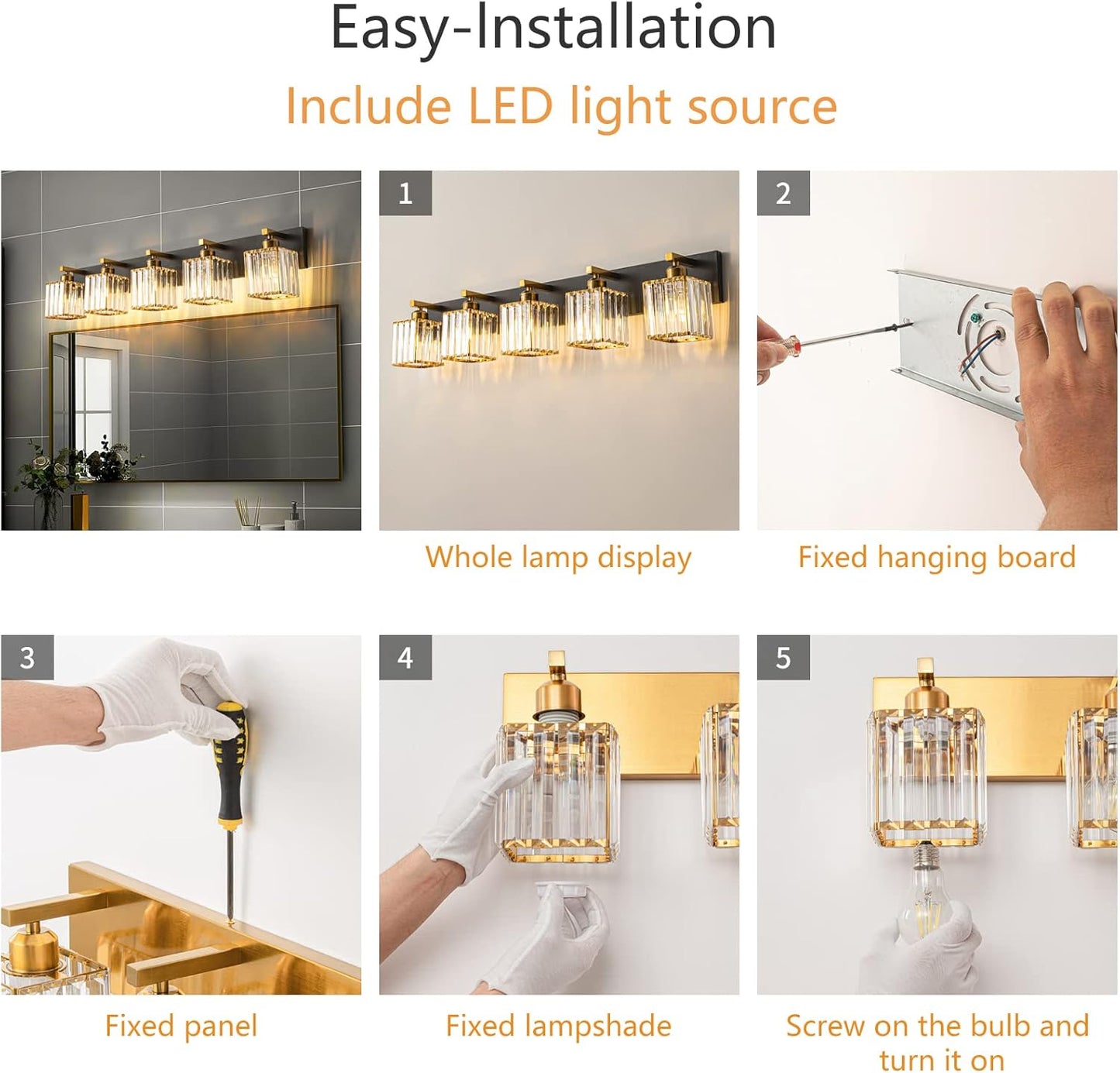 Modern Bathroom Vanity Light 5-Lights Black Gold Crystal Bathroom Wall Light Vanity Light Fixtures，36.22-inch Modern Minimalist Design