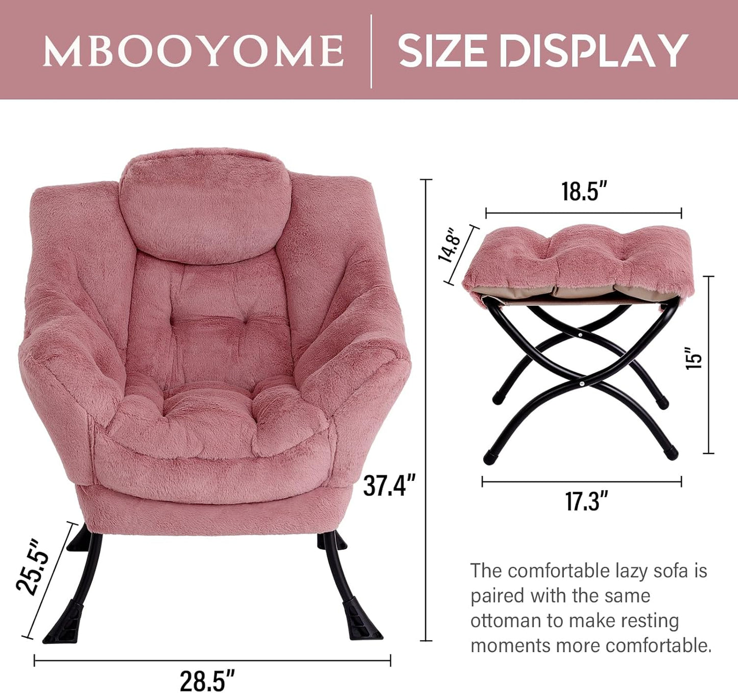 Lazy Chair with Folding Ottoman, Modern Accent Lounge Armchair with Armrests and a Side Pocket & Foldable Footstool, Leisure Reading Chair for Living Room, Bedroom & Dorm, Plush Dark Pink