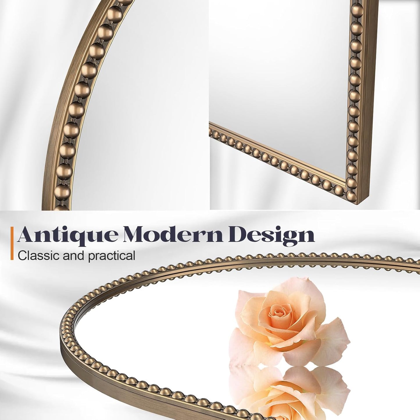 Beaded Arched Mirror for Wall, 24"x38" Gold Arch Bathroom Vanity Mirror, Retro Brass Metal Frame Decorative Mirror for Bedroom Dressing Room Entryway Fireplace