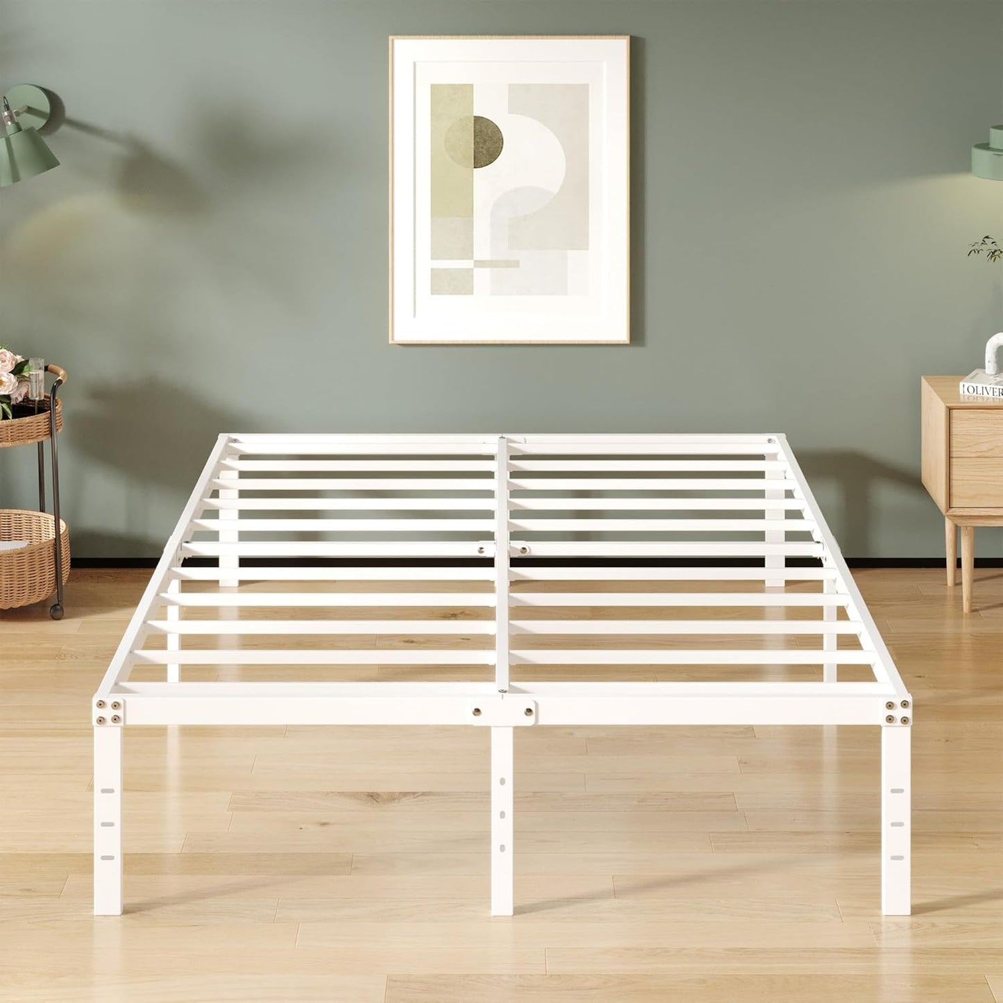 16 Inch White California King Bed Frames No Box Spring Need, Platform Cal King Bed Frame with High Storage, Eassy Assembly 3,500 lbs Heavy Duty Bedframes