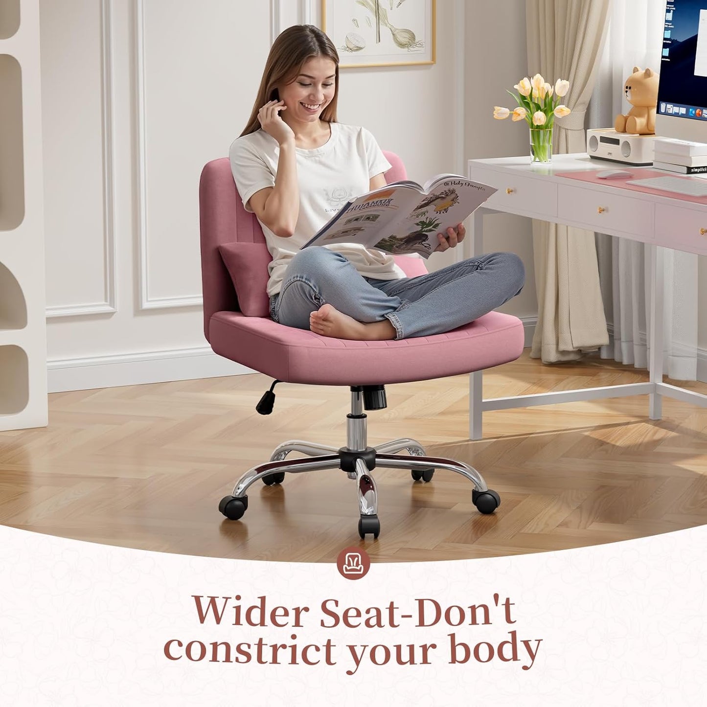 Warmiehomy Criss Cross Office Chair with Wheels, Velvet Cross-Legged Desk Chairs for Home, Height Adjustable Swivel Wide Seat Computer Chair, Modern Armless Vanity Chair for Girls Women, Rose Pink