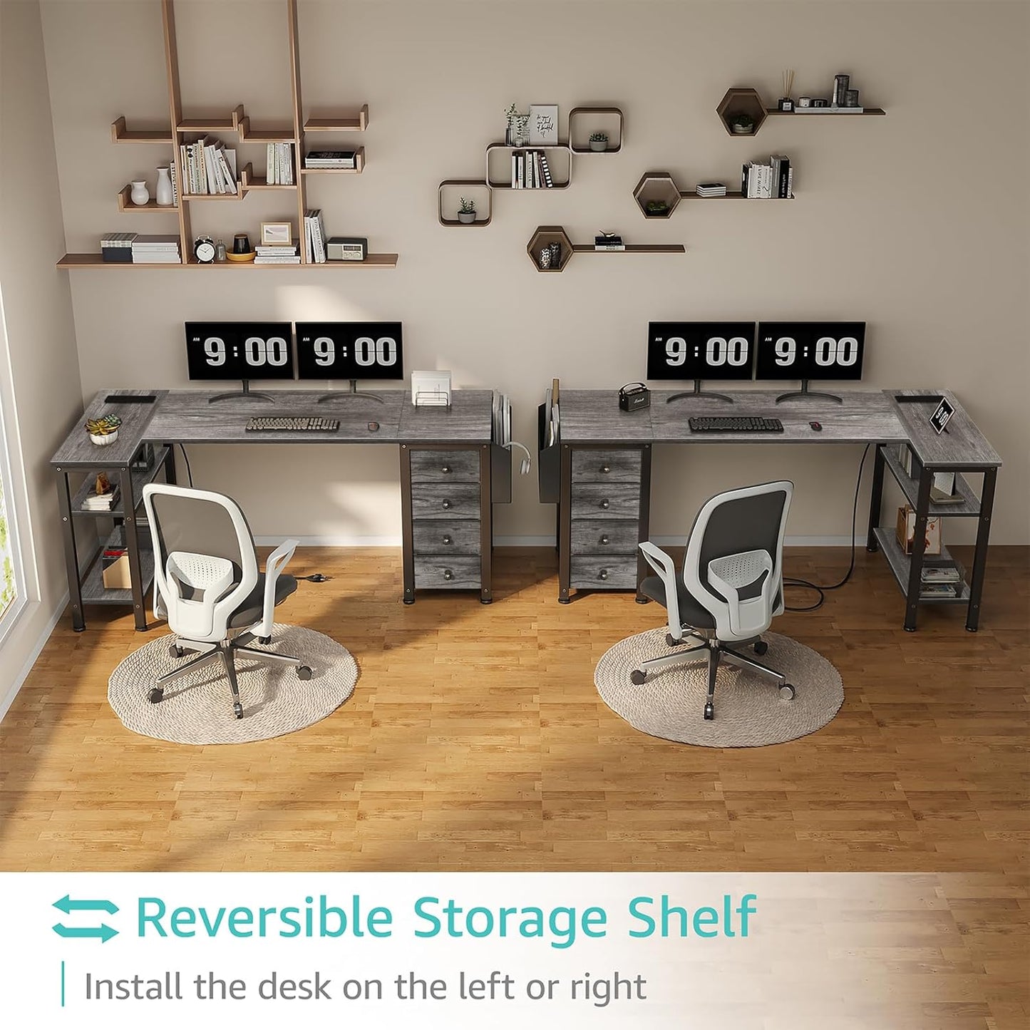 Lufeiya L Shaped Gaming Desk with Drawers & Storage Shelves, 55 Inch Corner Computer Desk with Power Outlet for Home Office Bedroom, L-Shaped Teen PC Desks with Fabric Drawer, Gray