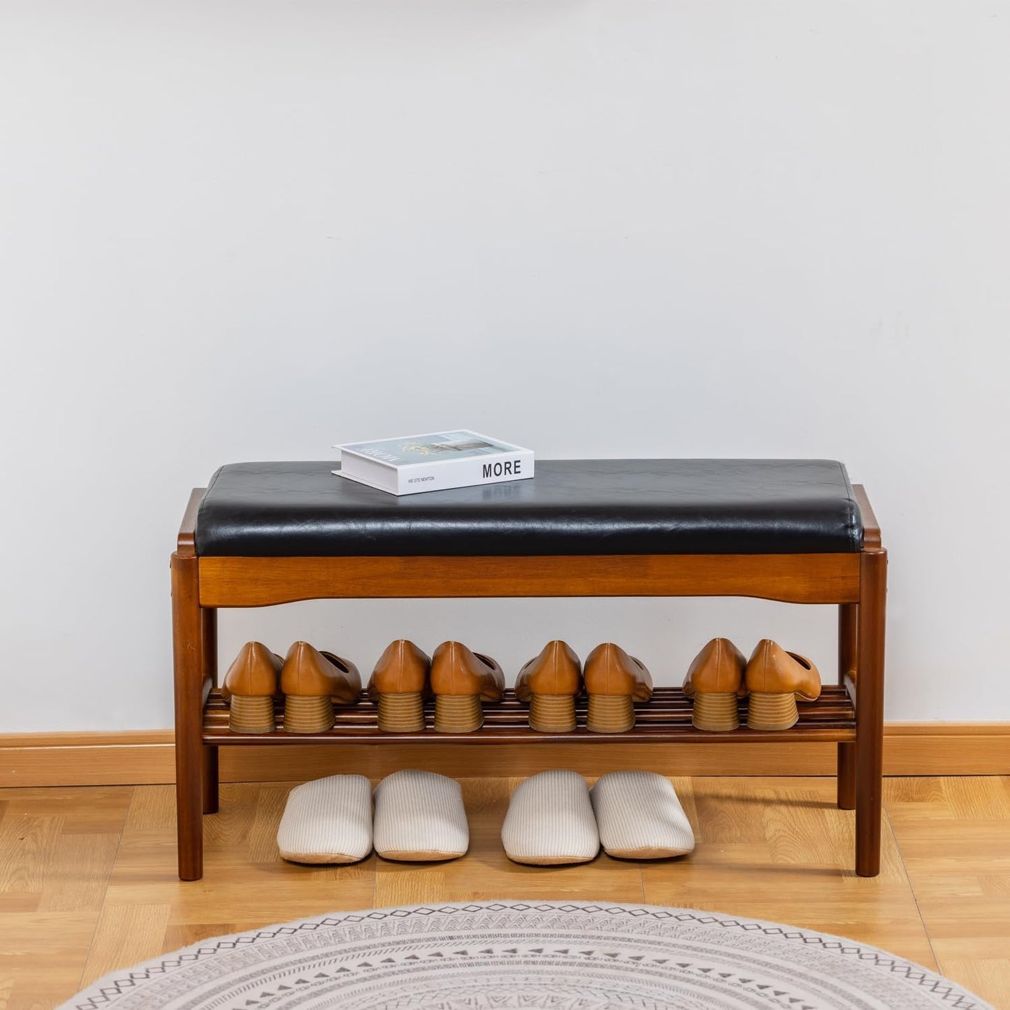 Shoe Bench, Entryway Bench, Wood 2-Tier Shoe Rack with Cushion Padded Seat Shoe Organizer (31.5",Black)