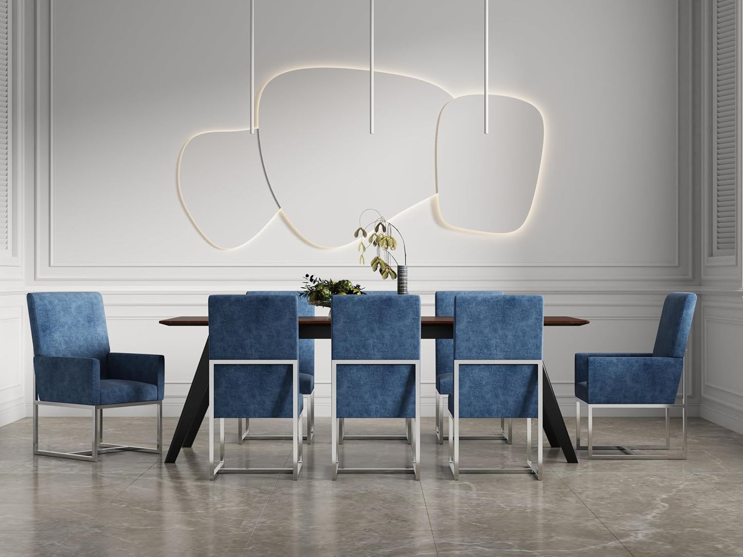 Manhattan Comfort Element Modern Velvet Dining Chairs, High Density Foam, Chrome Finish Stainless Steel Frame, High-Back, Fully Assembled Industrial Chic Accent Furniture, Set of 2, Blue