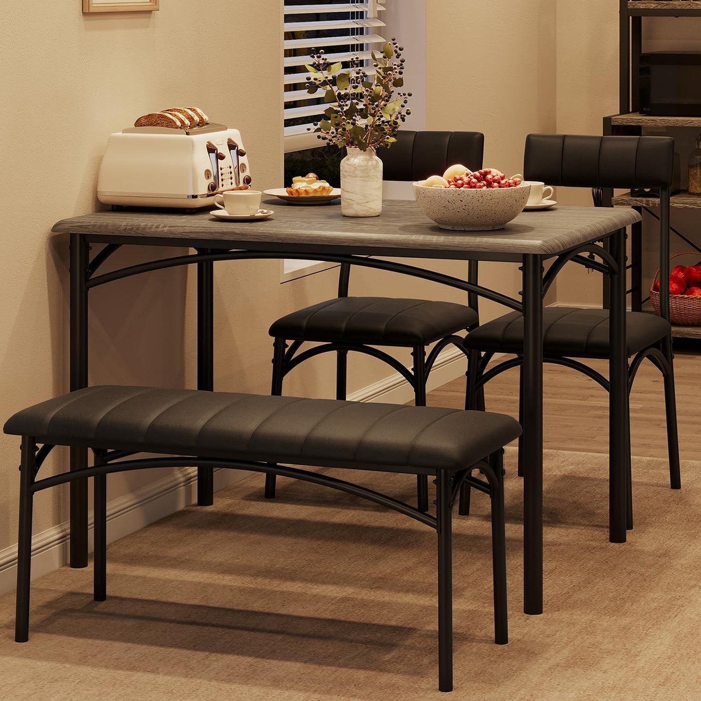 Dining Table Set for 4, Small Dining Table Set with Upholstered Bench and 2 Chairs, Kitchen Table and Chairs for 4, for Small Space, Apartment, Dinner, Rustic Gray