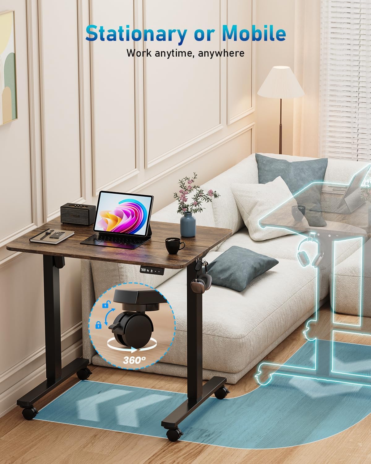 Small Height Adjustable Electric Standing Desk, 31.5" x 23.6" Sit Stand up Desk with Splice Board, Ergonomic Rising Computer Home Office Desk Table with Memory Preset, Black Frame/Rustic Brown Top