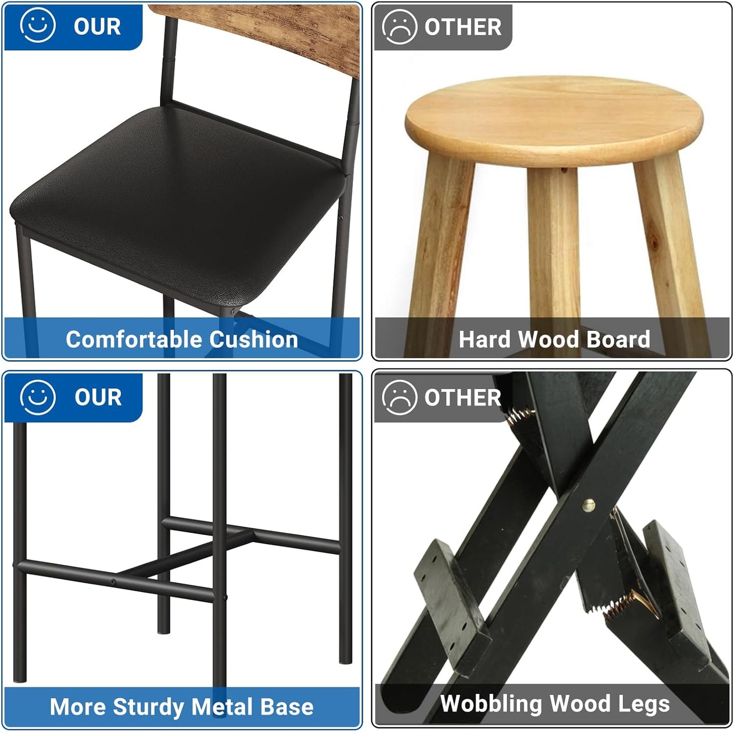 GarveeHome Bar Stools Set of 4, Upholstered Counter Height Bar Stools with Backrest and Footrest, Kitchen Barstools for Island, Counter Bar, Easy Assembly, Rustic Brown