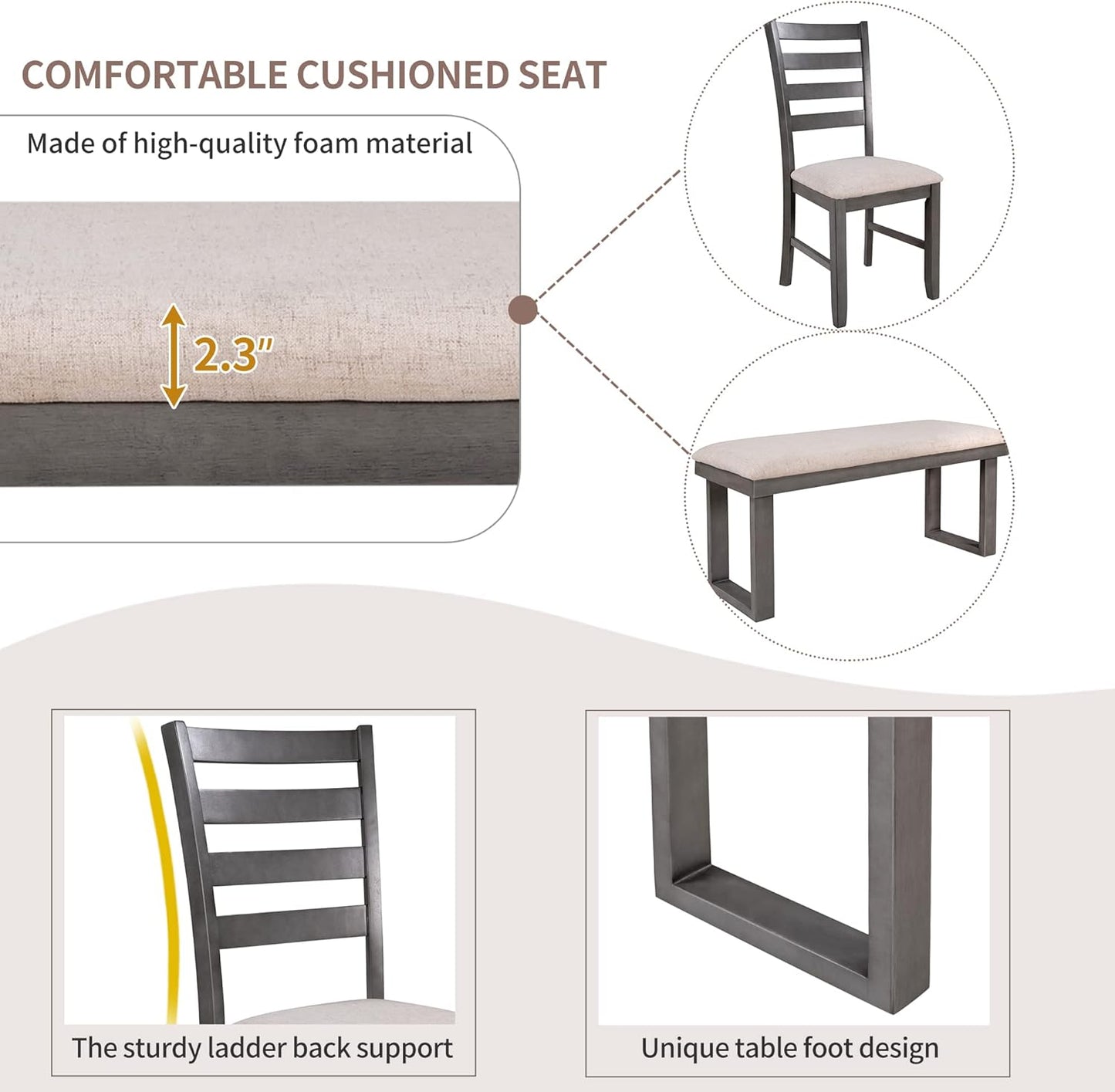 Ball & Cast 6 Piece Dining Table Set with 4 Ladder Back Upholstered Chairs and 1 Bench,Wooden Living Room Furniture W/ 60" Rectangle Kitchen Desk,for Restaurant,Home Bistro,Gray