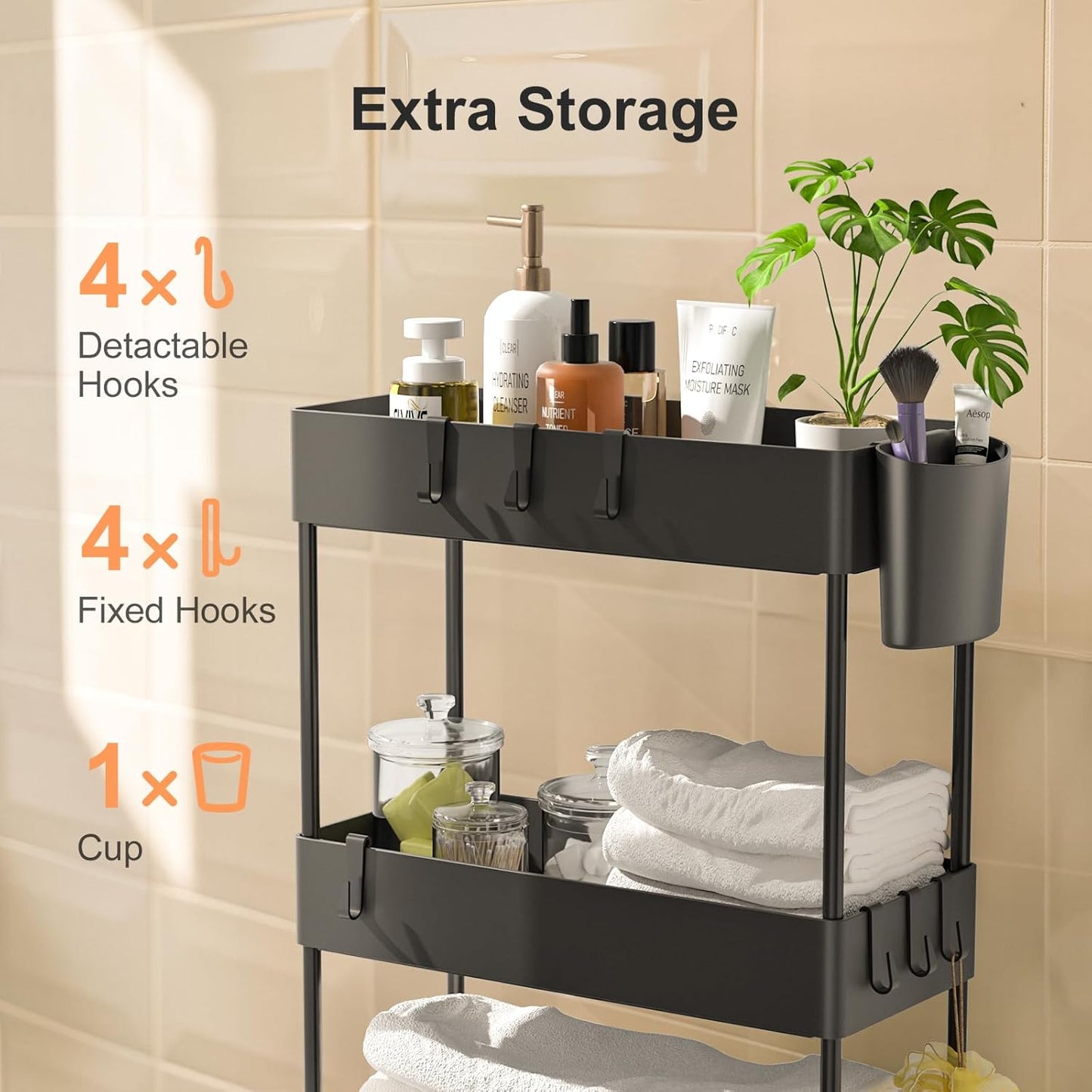 Pipishell Slim Storage Cart with Wheels - Bathroom Cart Organizer Storage, 4Tier Rolling Carts for Bathroom, Laundry Room, Kitchen, Narrow Space, Black PIUC05