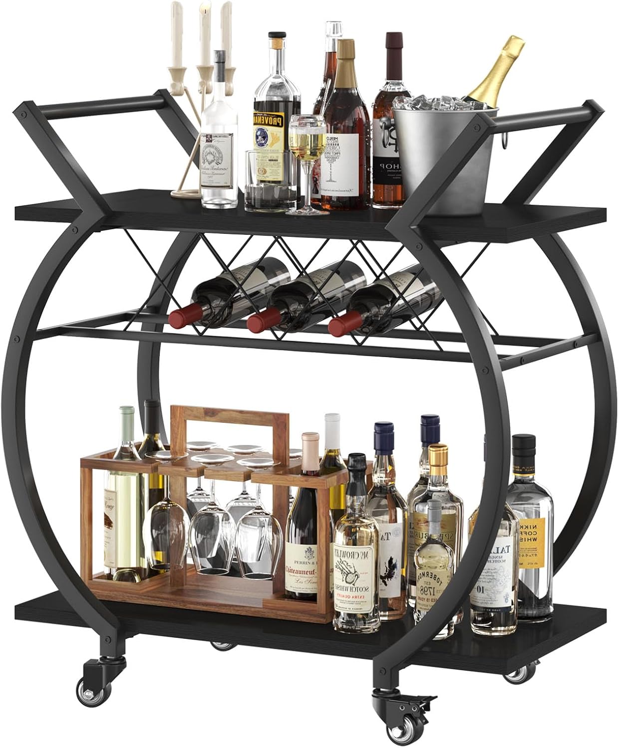 LVB Black Wine Cart with Wheels, Modern Bar Cart with Wine Rack, Industrial Beverage Rolling Kitchen Serving Cart with Storage, Metal Wooden Microwave Drink Liquor Cart for Home Dining Room, Black Oak