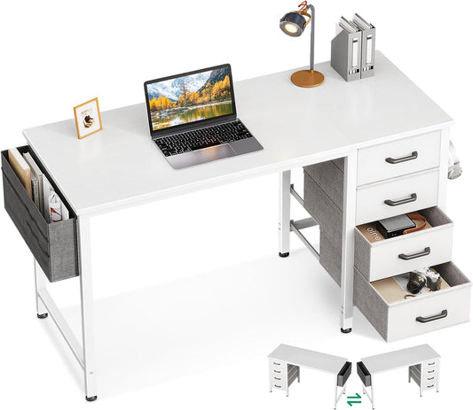 Casaottima 40-Inch Small Computer Desk with 4 Fabric Drawers — Home Office Desks with Storage, Writing Desk with Side Hook and Cloth Bag, Modern Study/Work Table for Bedroom and Small Space, White