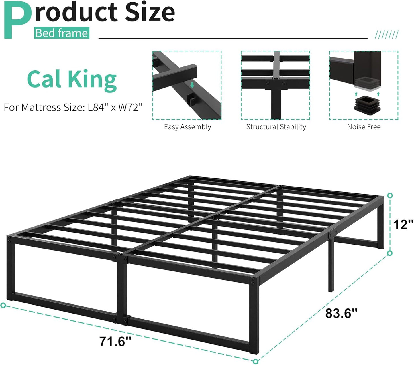 12 Inch California King Bed Frames No Box Spring Needed Heavy Duty Metal Cal King Platform for Mattress Foundation, Noise Free, Easy Assembly, Black