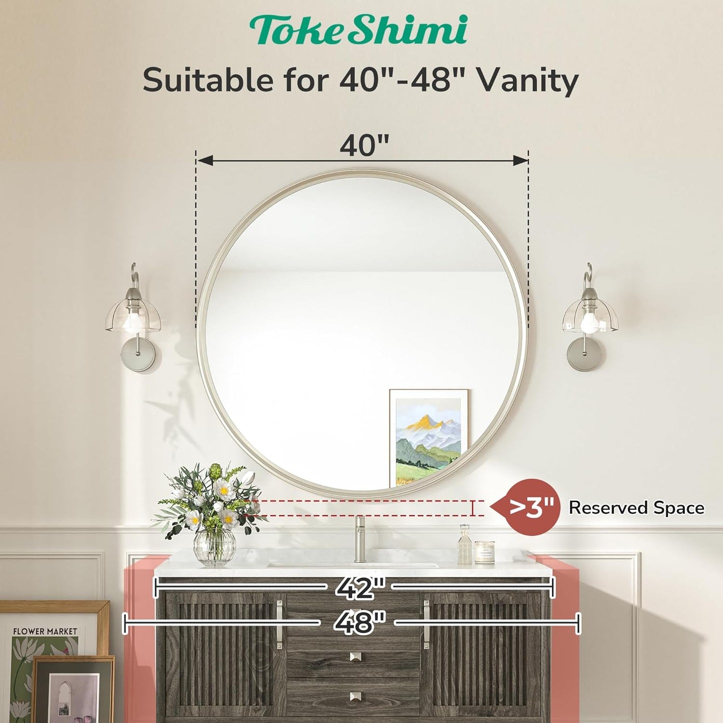TokeShimi 40 in Tempered Bathroom Vanity Mirror Round Brushed Nickel Bathroom Mirror, 40x40 Shatterproof Circle Wall Mirrored Farmhouse Metal for Entryway, Bedroom, Restroom, Vanity, Living Room