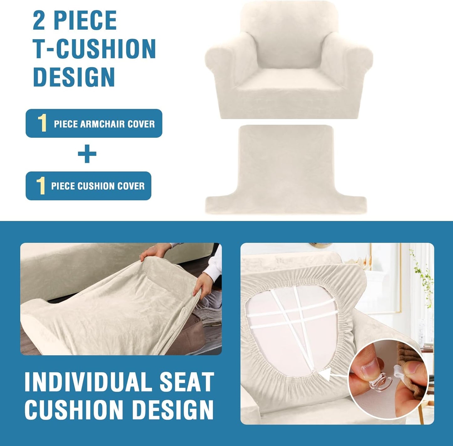 H.VERSAILTEX Sofa Cover 2 Piece T Cushion Armchair Slipcovers Thick Velvet Couch Cover Furniture Protector Stretch T Cushion Sofa Covers for 1 Cushion Couch with 1 Individual T Cushion Covers, Ivory